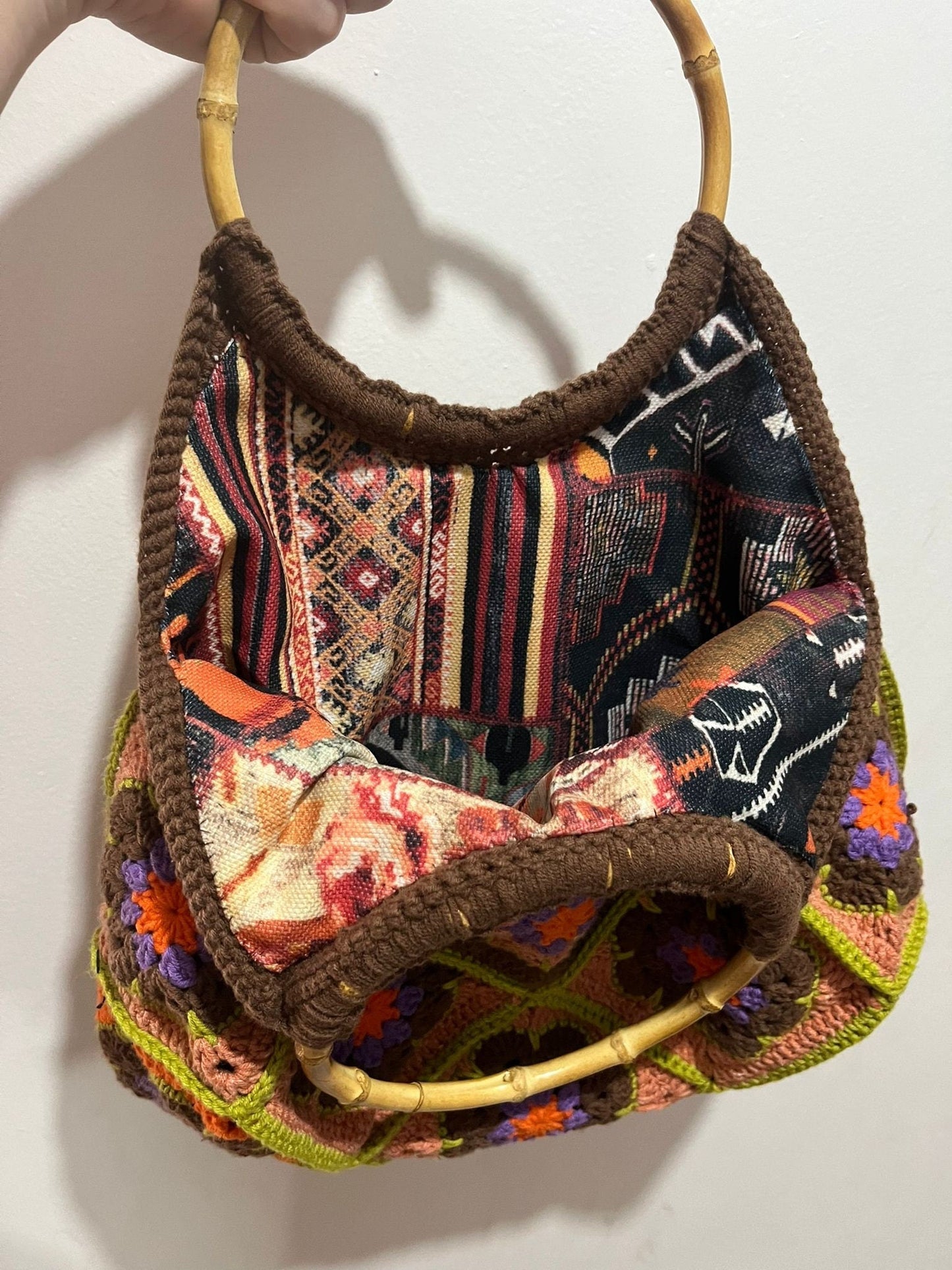 Vintage style granny squares crochet bag wooden frame unique special day present