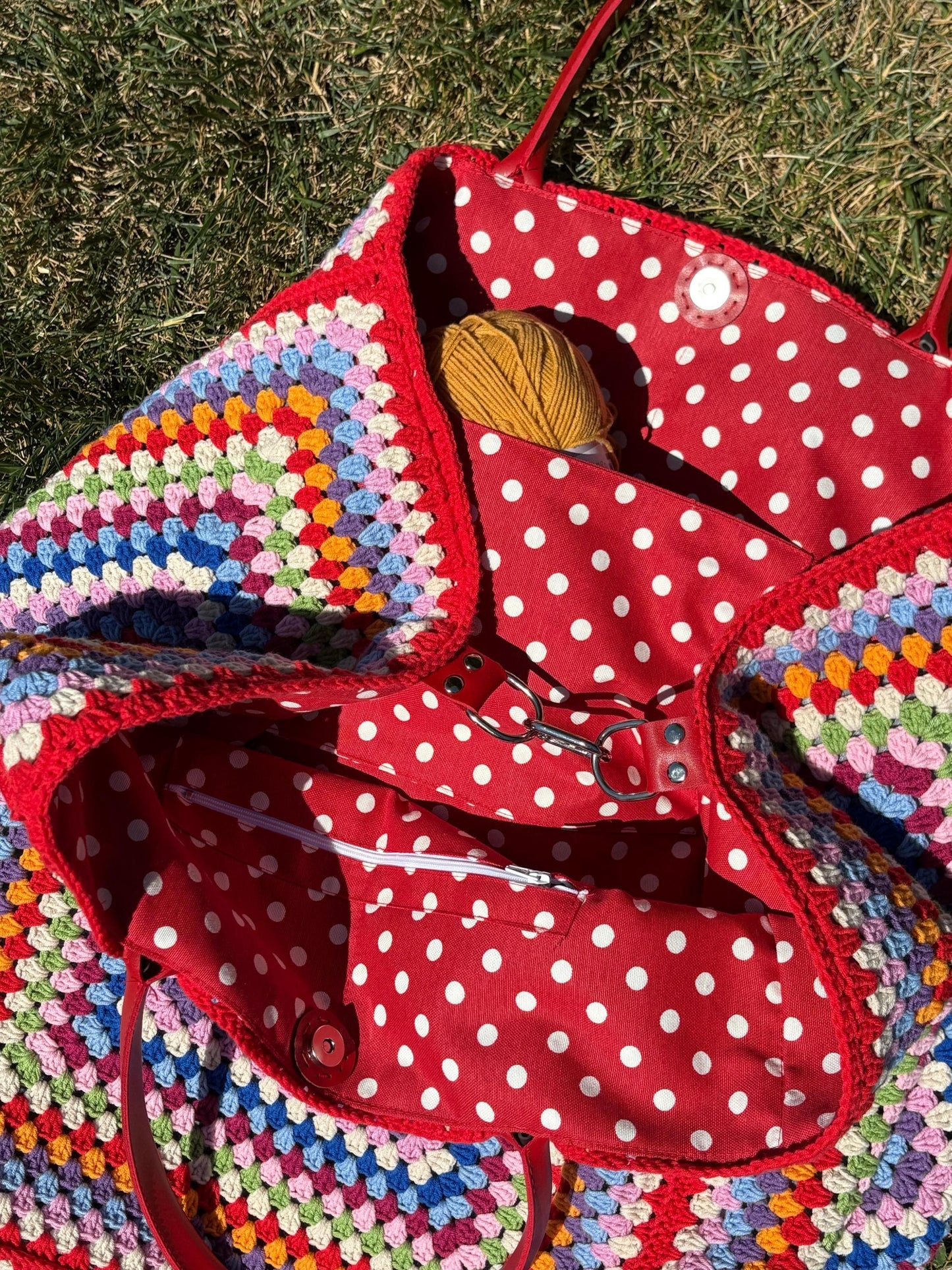 XXL Crochet Granny Square Tote: Leather Handles, Boho Weekender, Spring Style Bag