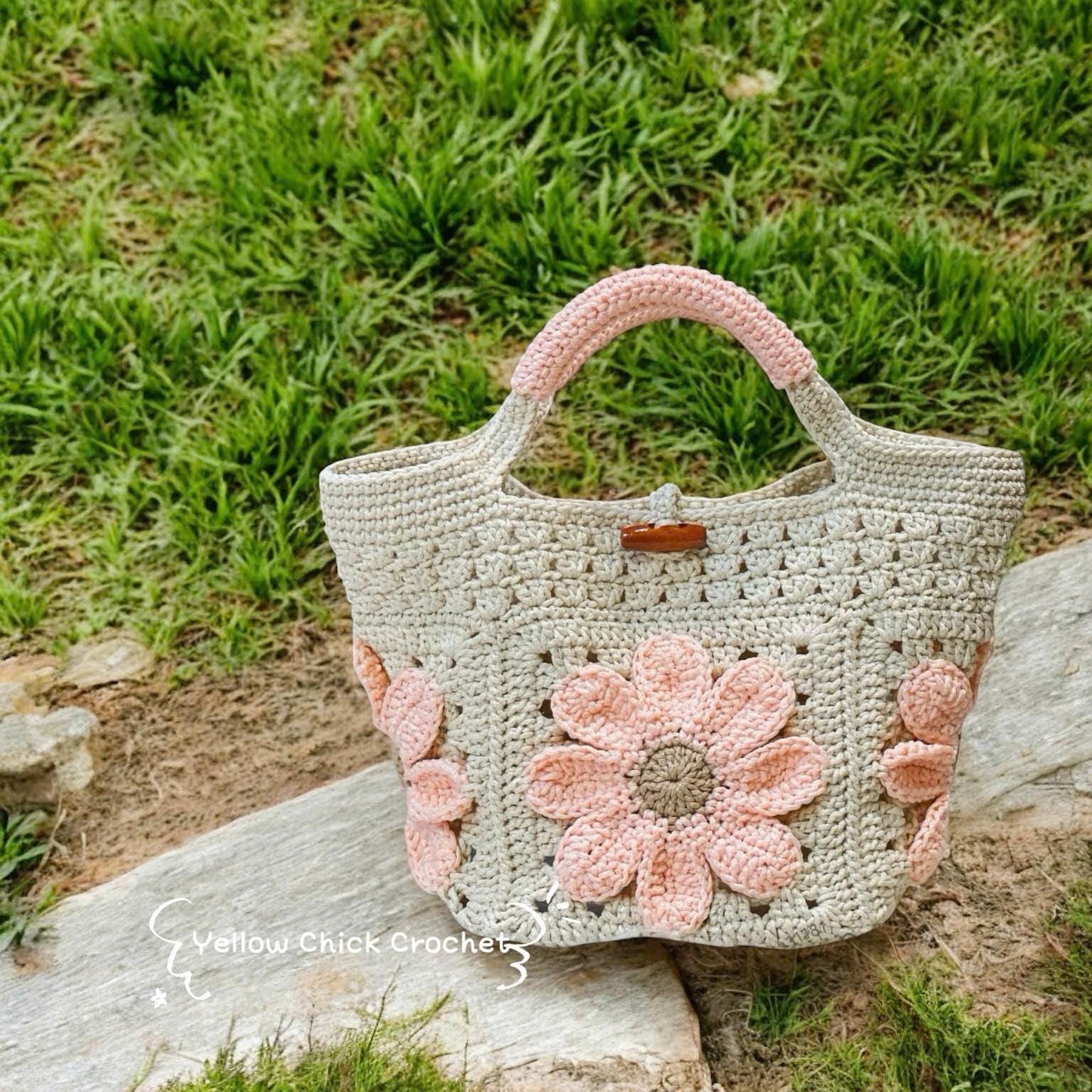 Tote bag, Crochet Granny square bag, handmade handle bag, pink flower summer beach bag, birthday gift, gift for her, Valentine Gifts