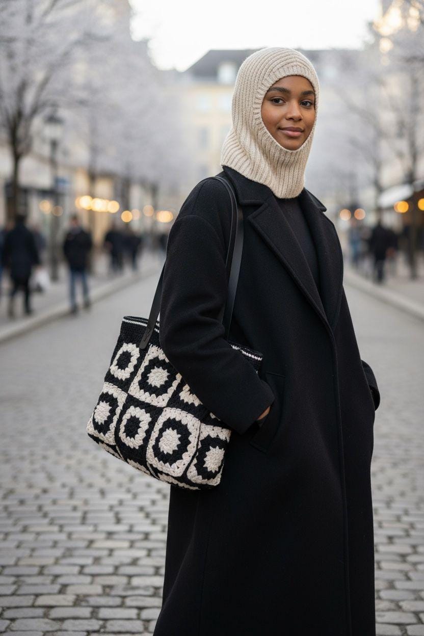 Black &amp; Cream Crochet Tote Bag with Leather Handles