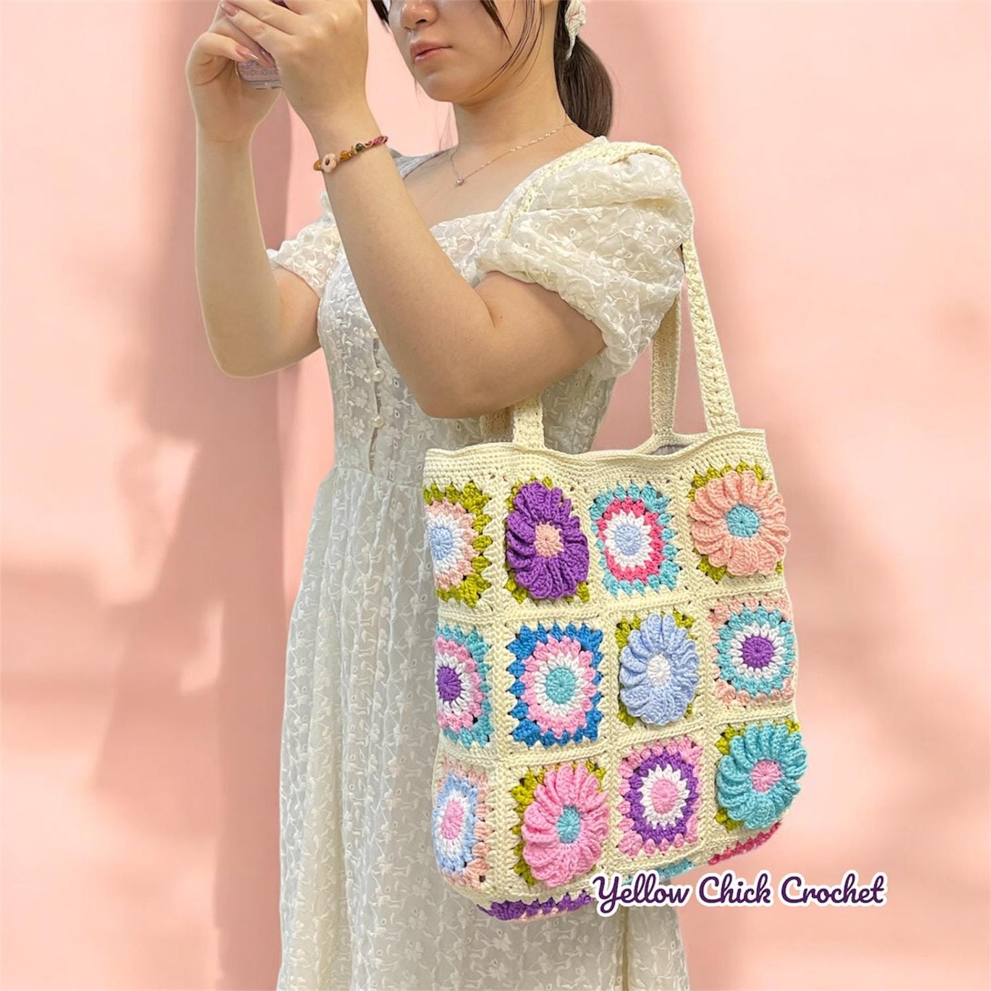 Floral Crochet Granny Square Tote,Unique Bloom Flower Bag,Handmade Tote Bag, Mother Day gift, Easter Gift, Travel Bag, Spring Accessory