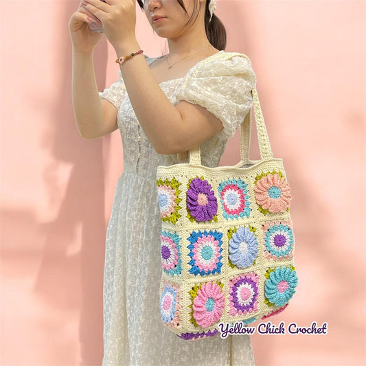 Floral Crochet Granny Square Tote,Unique Bloom Flower Bag,Handmade Tote Bag, Mother Day gift, Easter Gift, Travel Bag, Spring Accessory