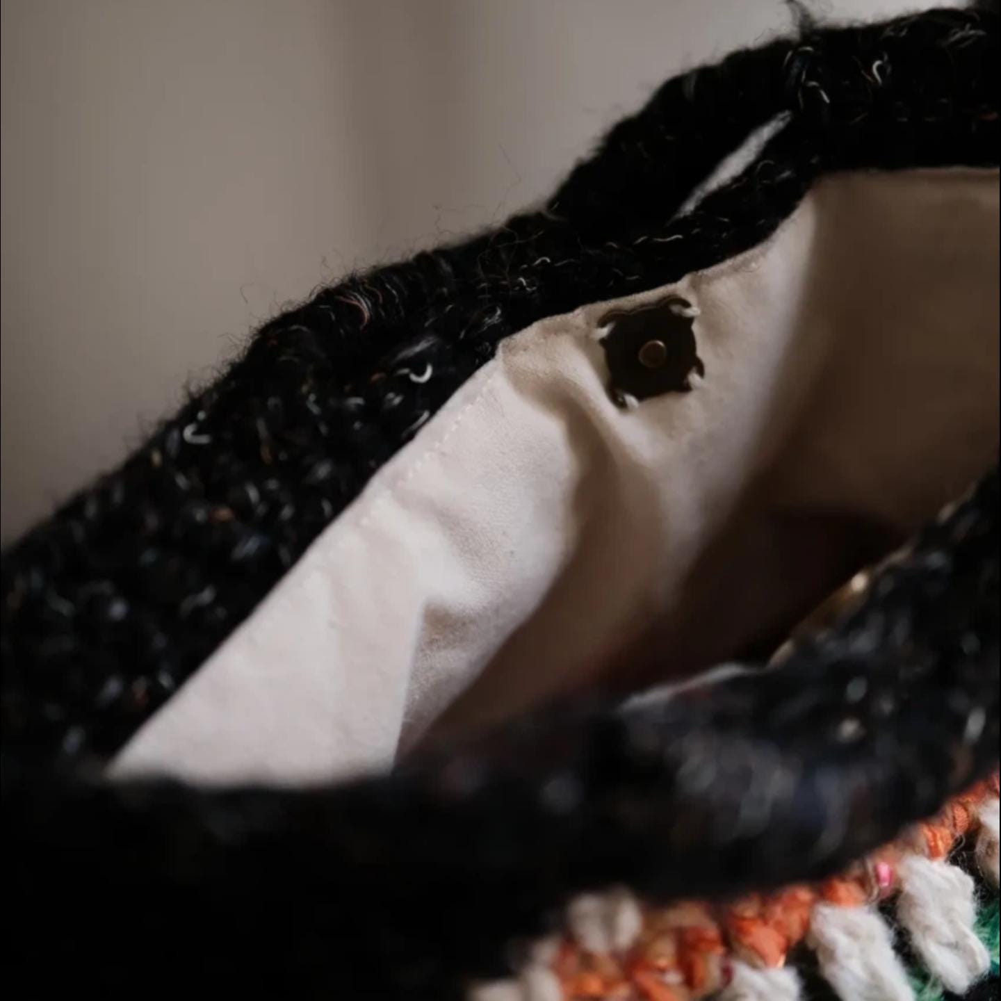Handmade Crochet Tote Bag, "Wanderer's Soul" Mixed Yarn Bag, Lined Crochet Tote with Granny Square, Leather Button Detail, Boho Travel Purse