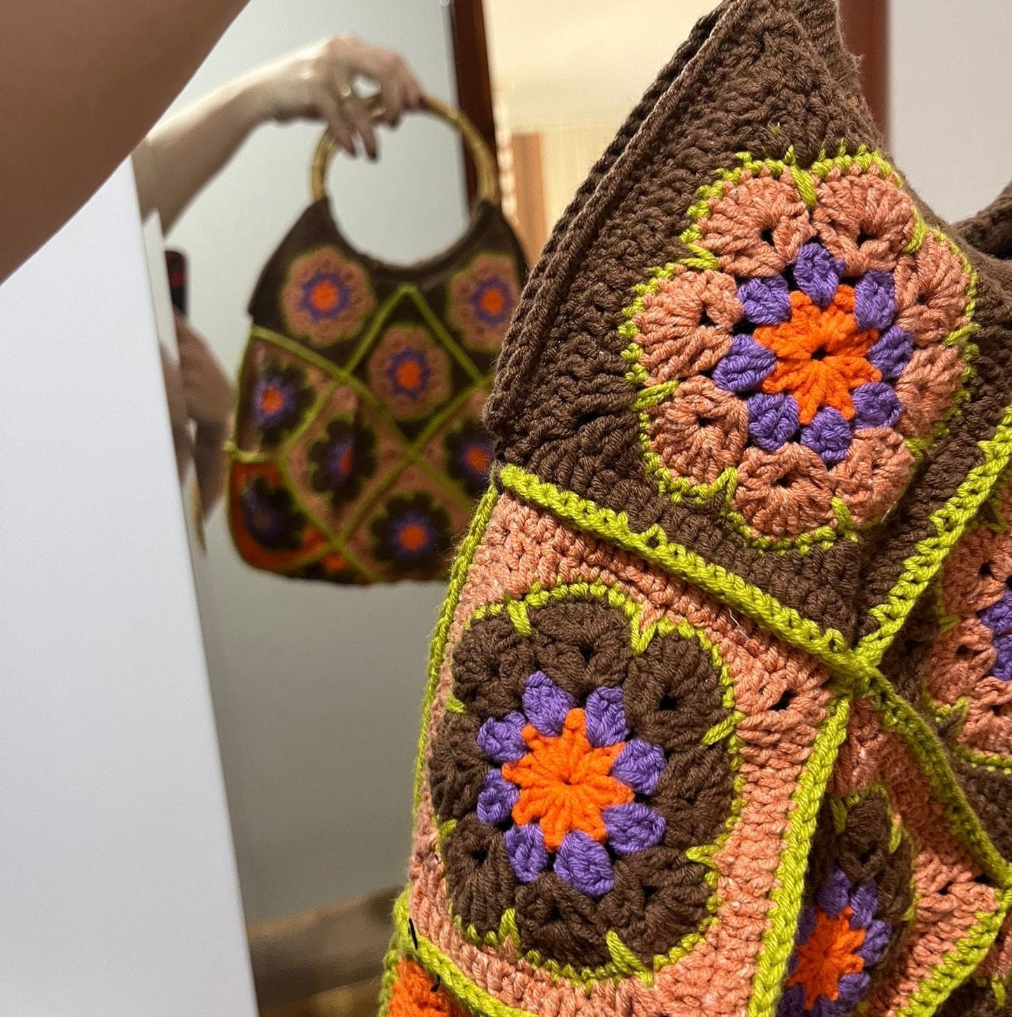 Vintage style granny squares crochet bag wooden frame unique special day present