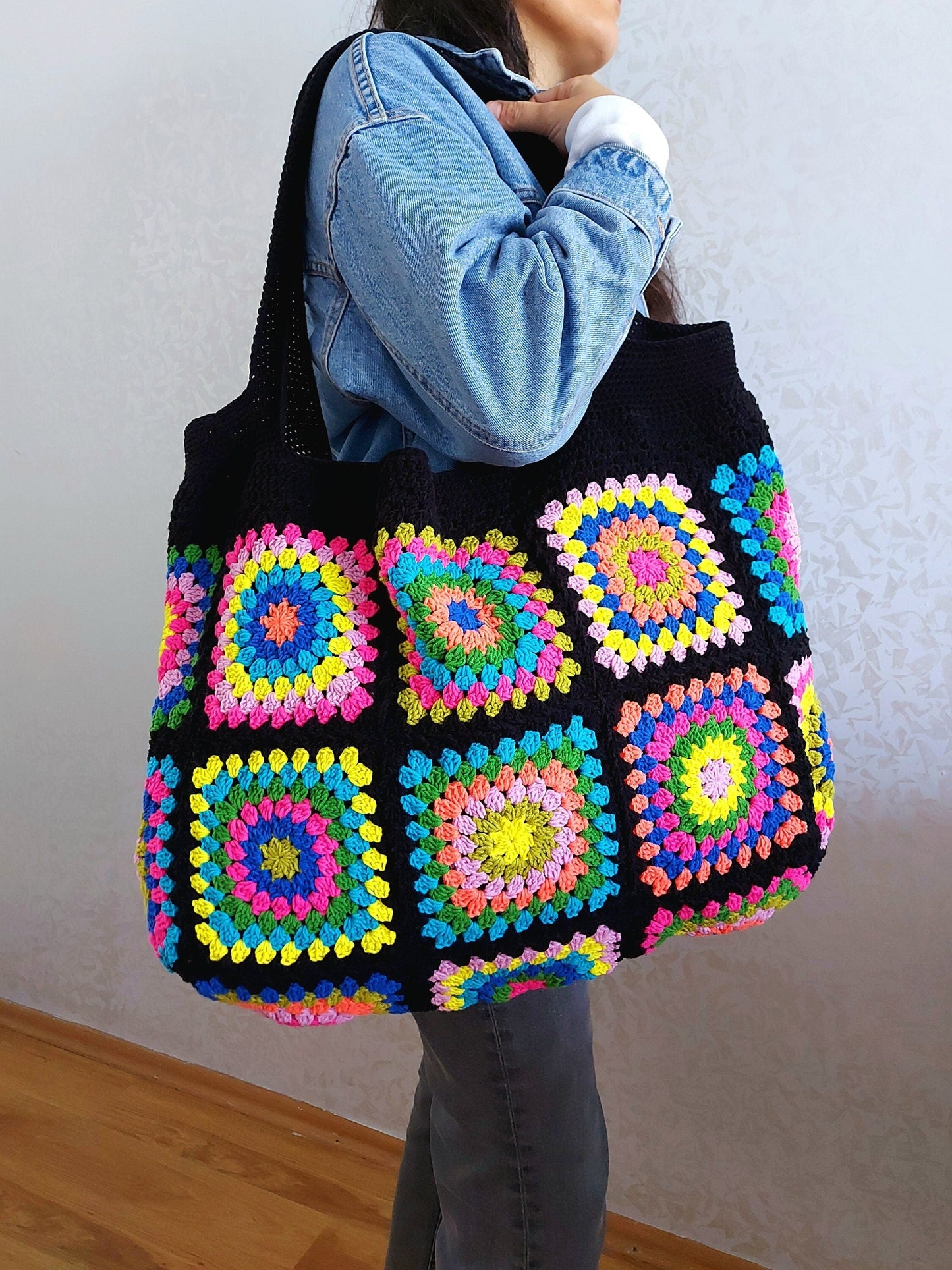 Crochet Granny Square Tote Bag: Colorful Handbags for Women, Custom Beach Bag, Spring Style