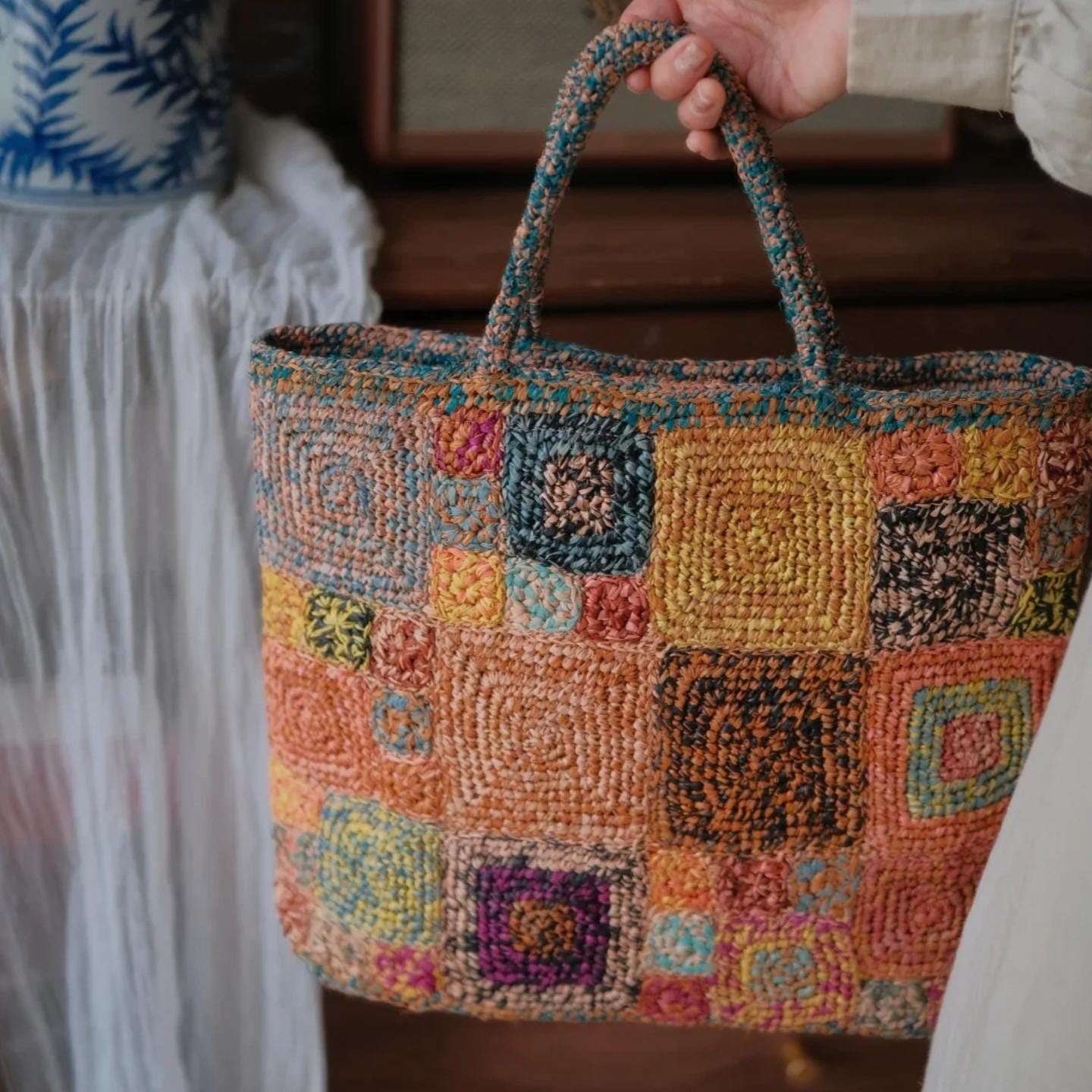 Handmade Crochet Raffia Tote Bag, Colorful Patchwork Boho Purse with Cotton Lining, Unique Artisan Beach Bag for Women,Gift for her