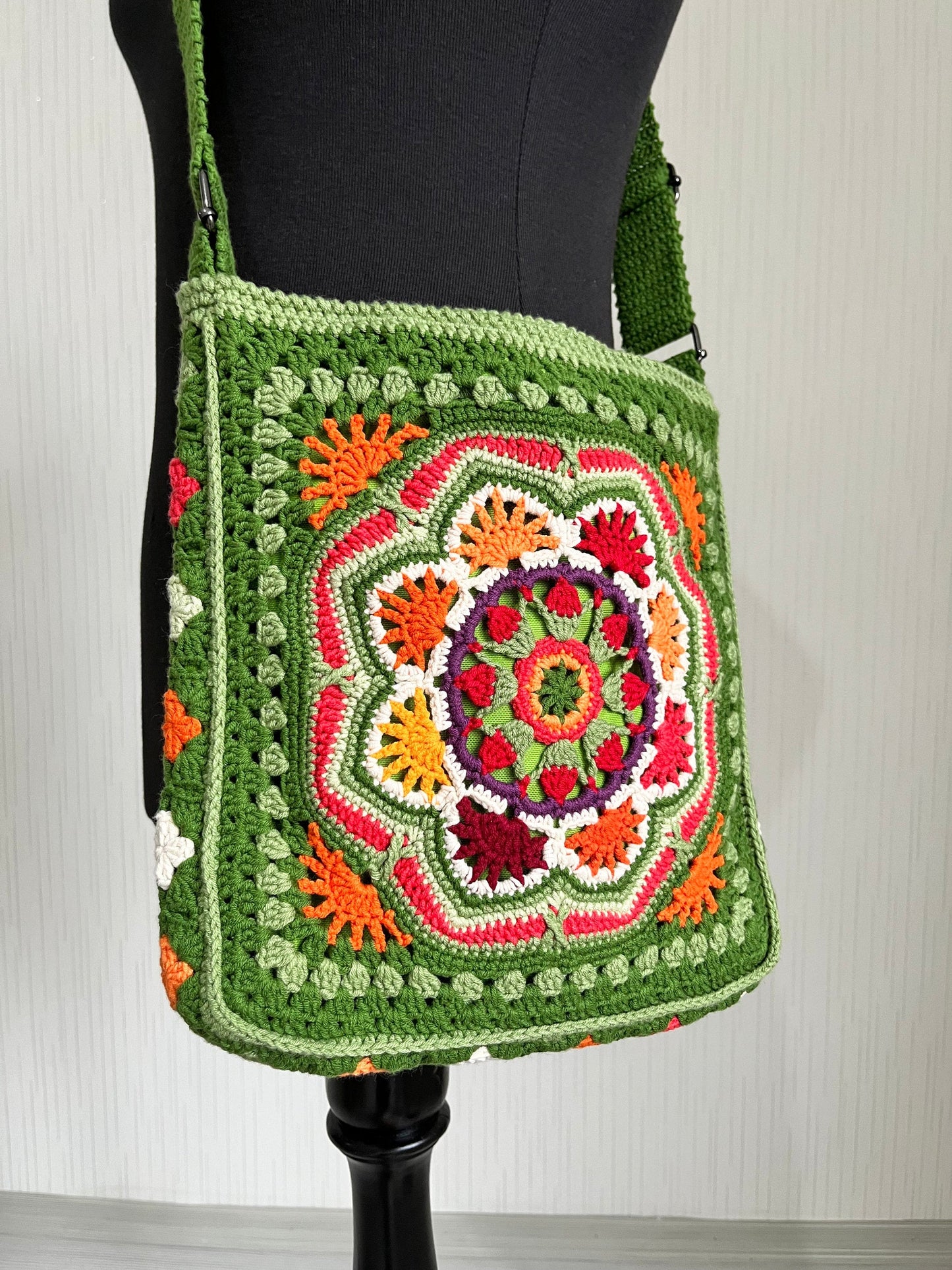 Handmade Crochet Crossbody Bag: Boho Green Cotton Shoulder Bag, Black Friday Gift