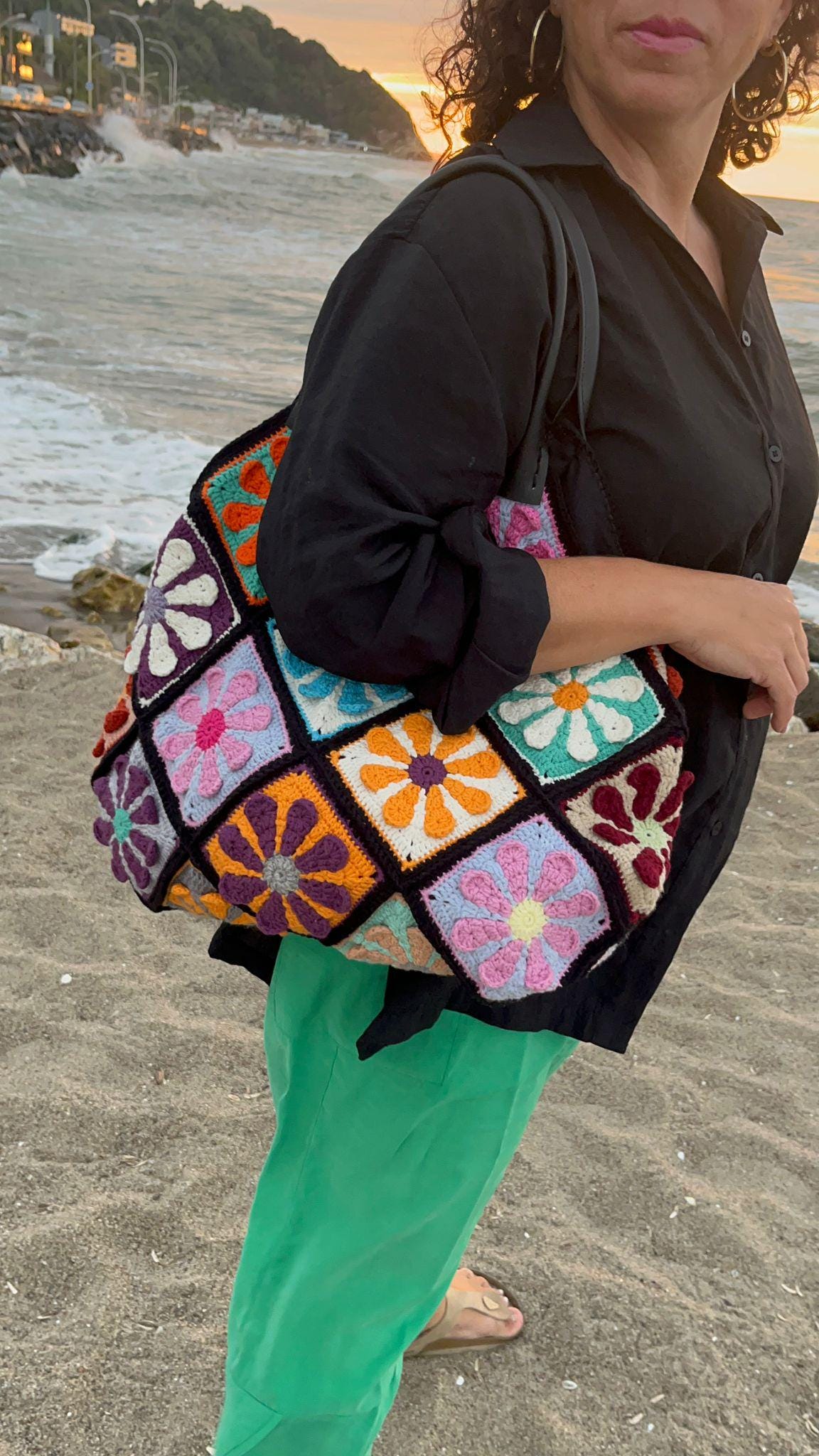 Handmade Crochet Granny Square Bag â€?Flower Power Tote â€?Colorful Beach Shoulder Bag