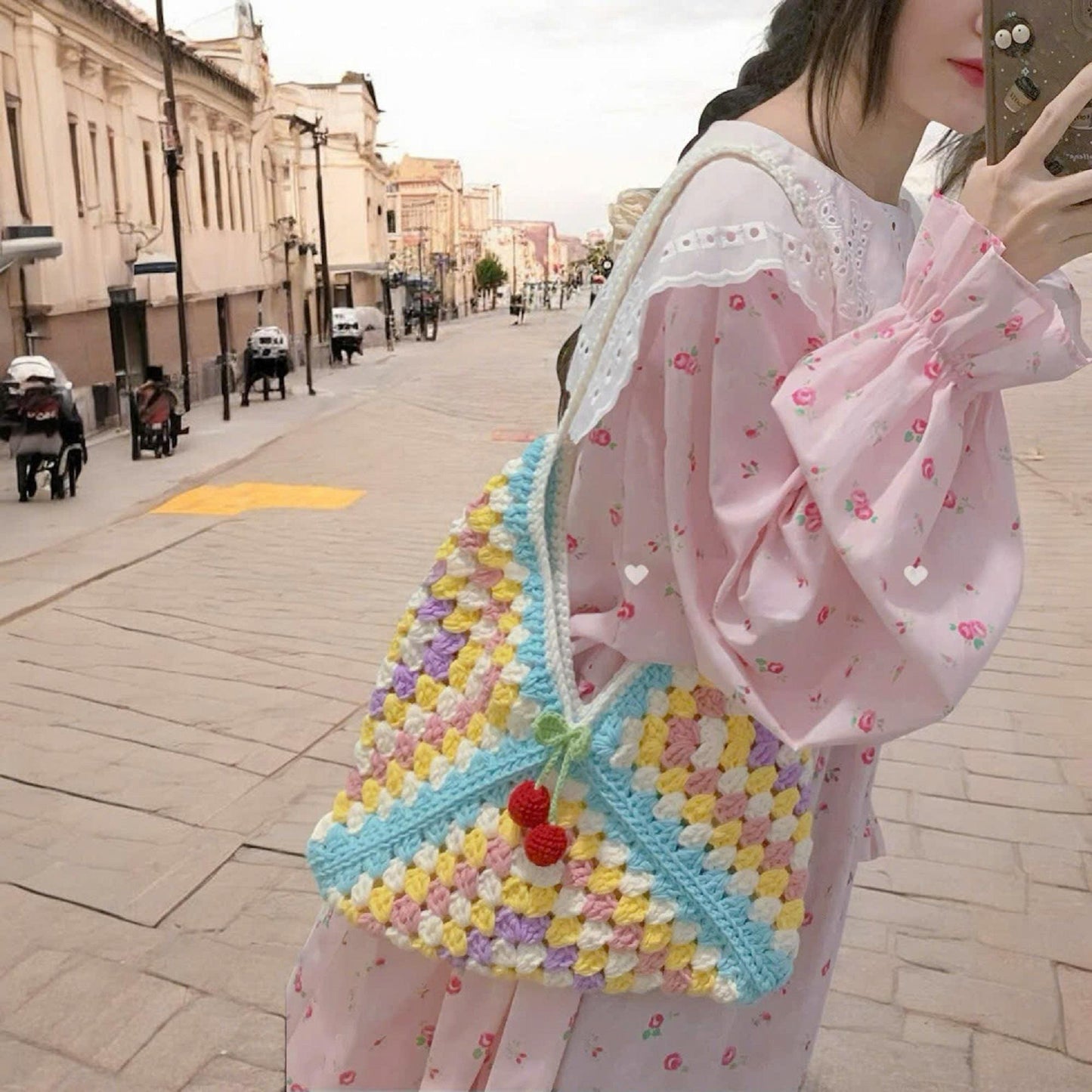 Crochet Granny Square Shoulder Bag, Handmade Purse with Cherry Charm, Valentine Gift, Gift for her, Birthday Gift