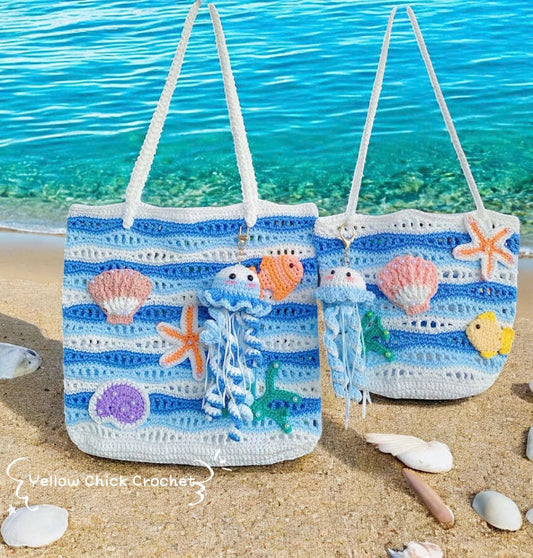 Crochet shoulder bag, Jellyfish &amp; Starfish bag, Net bag, Summer Beach Ocean bag,Mesh bag,travel bag,gift for her,sea lovers, Valentine Gift