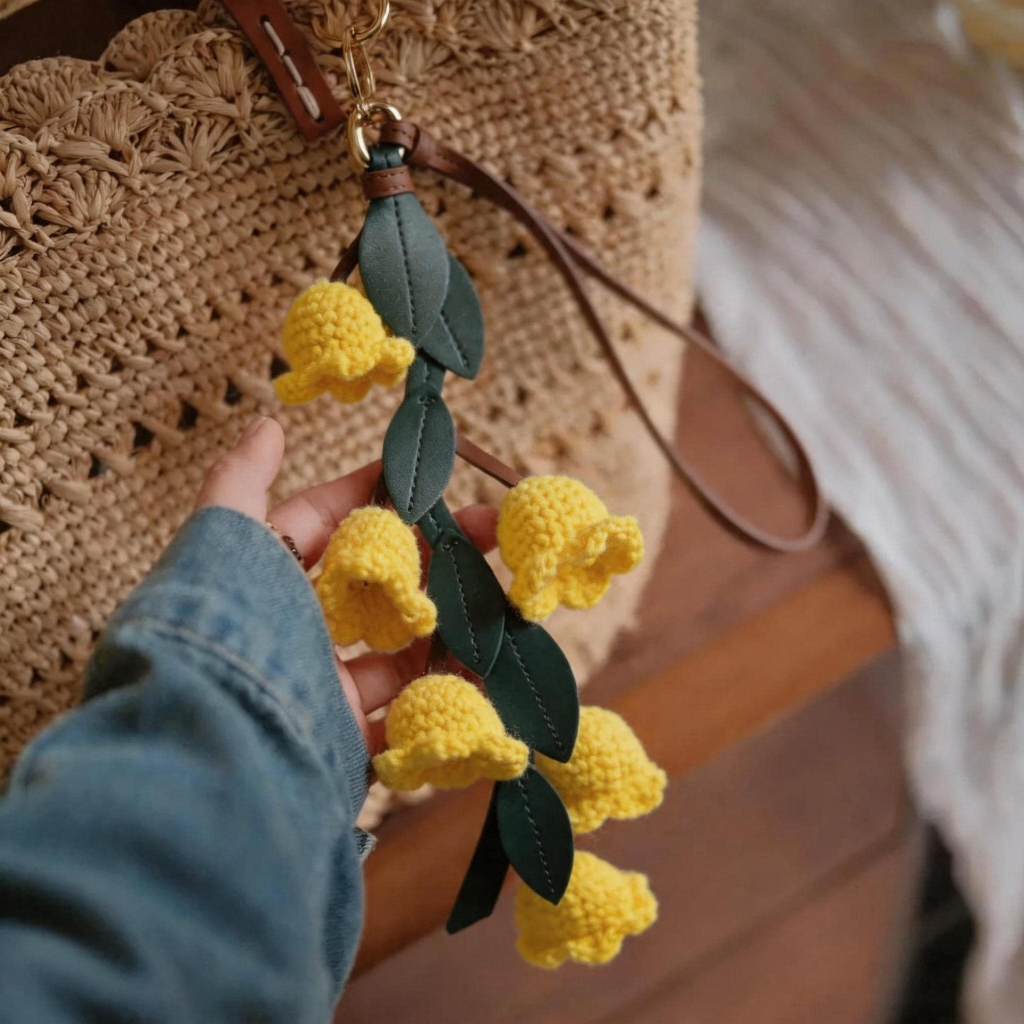 Handmade Raffia Tote Bag with Leather Lily of the Valley Charm Set, Crochet Beach Bag with Lining, Boho Purse Gift for Her