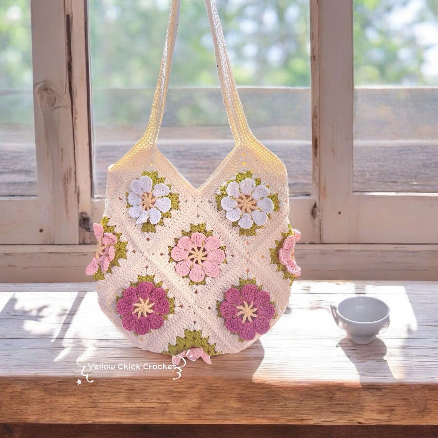 Flower Tote bag, Floral bag, Crochet Granny square bag, handmade shoulder bag, pink flower summer beach bag, mother's day gift, easter gift