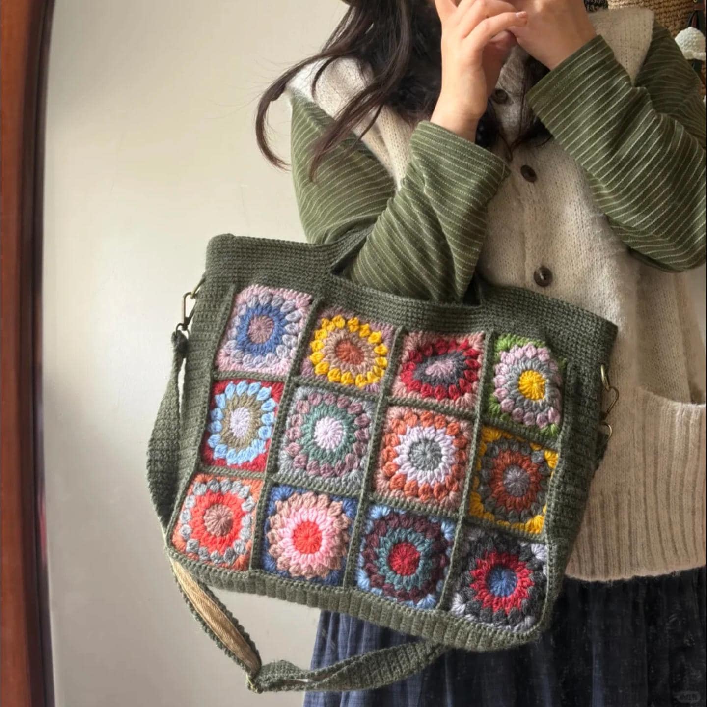 Boho Chic Crochet Bag, Handmade Wool Blend Tote, 3D Flower Granny Square Shoulder Bag, Durable YKK Zipper, Artisan Knit Purse, Gift for her