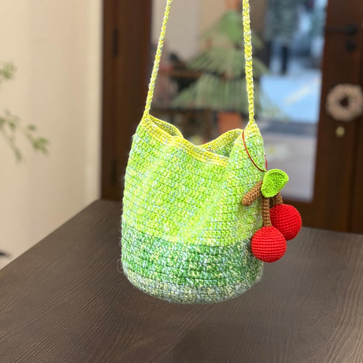 Handmade Crochet Tote Bag, Cherry Charm Cotton Shoulder Bag, Handbag Gift for Her