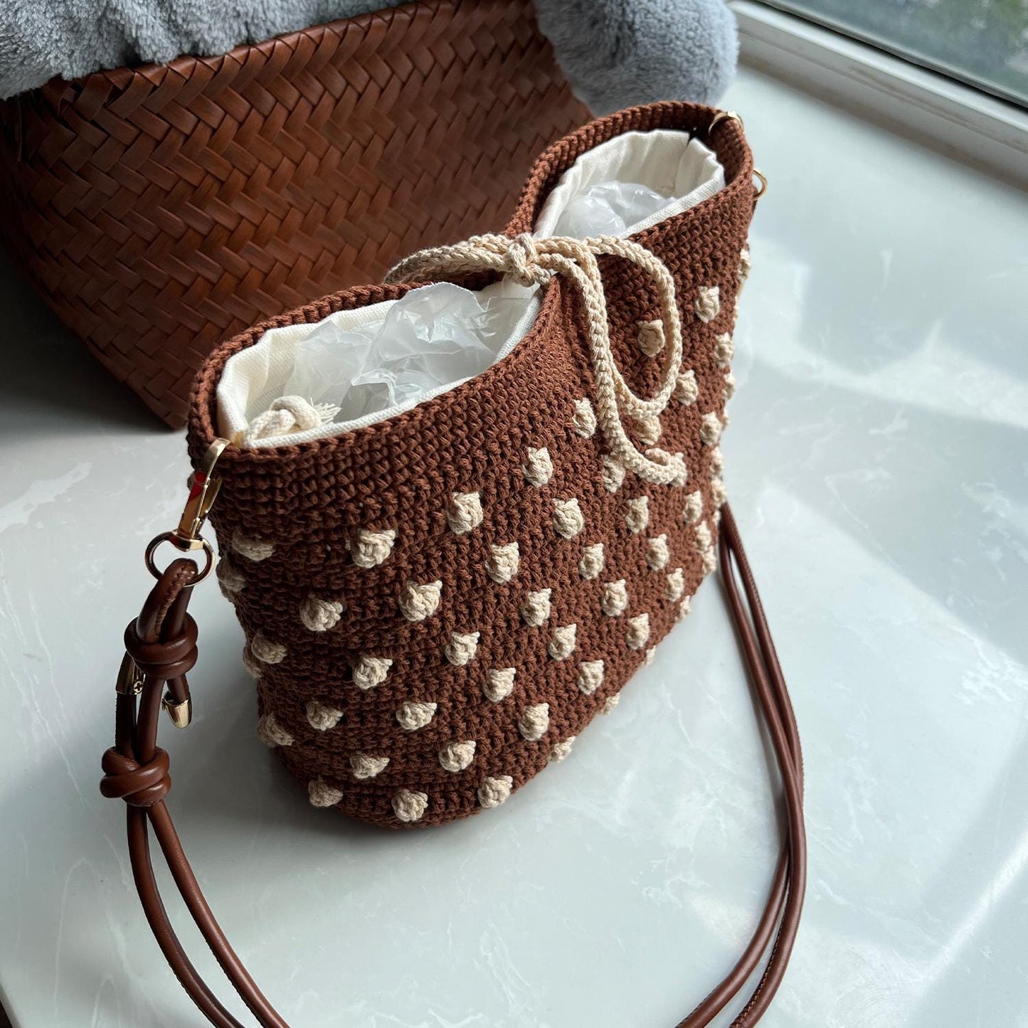 Cocoa Dot Crochet Bag, Handmade Shoulder Bag, Handbag Gift for Her
