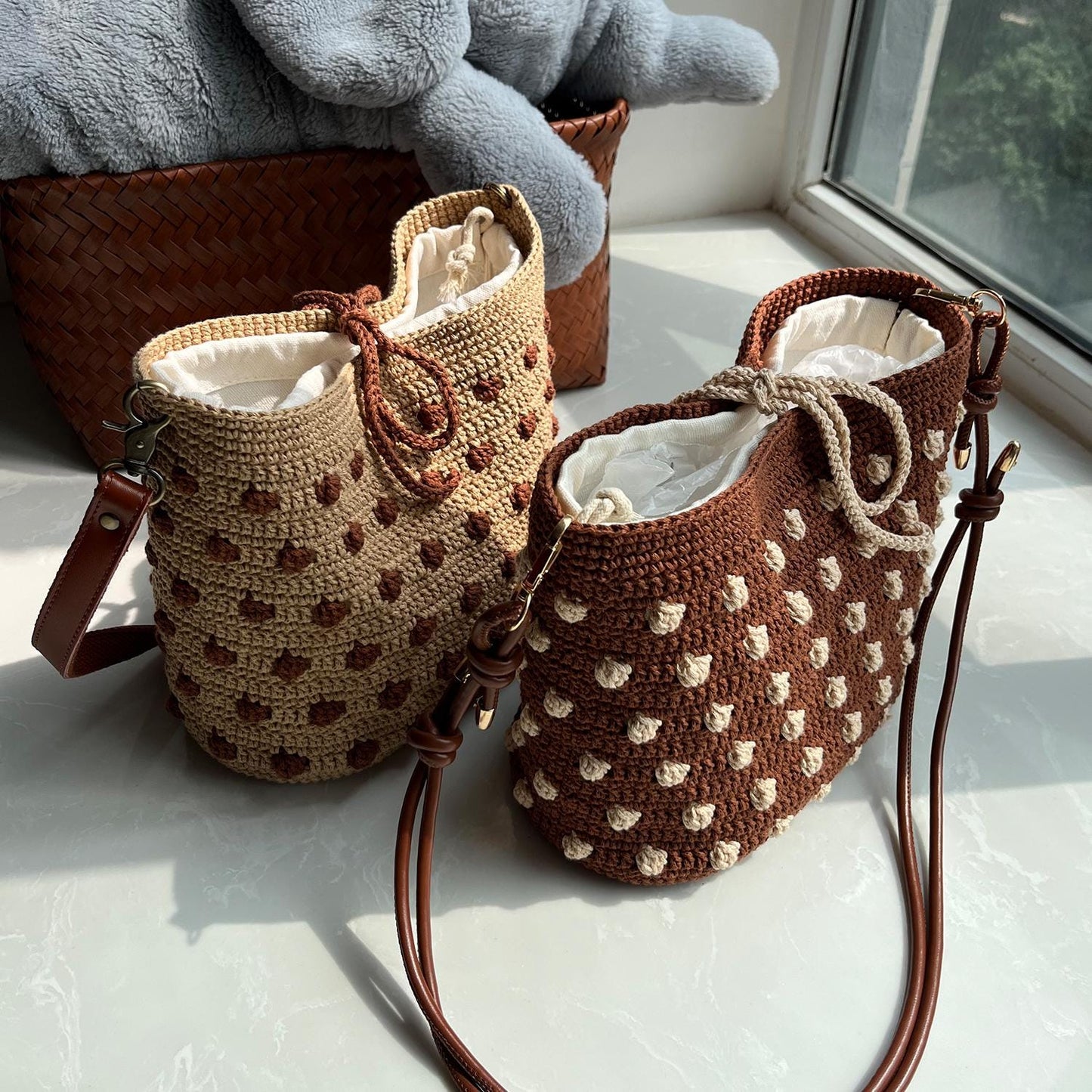 Cocoa Dot Crochet Bag, Handmade Shoulder Bag, Handbag Gift for Her