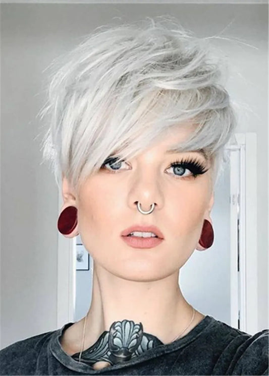 Boy Cut Hairtstyle Layered Cut Human Hair Straight With Bangs Women Wig 8 Inches
