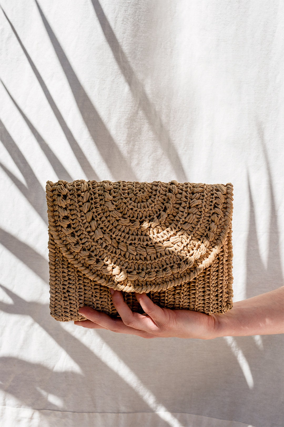 Crochet Raffia Clutch in Tan, Straw Summer Bag, Raffia Clutch Handbag, Tan Crochet Summer Bag, Crochet Straw Clutch  — Marigold Bag