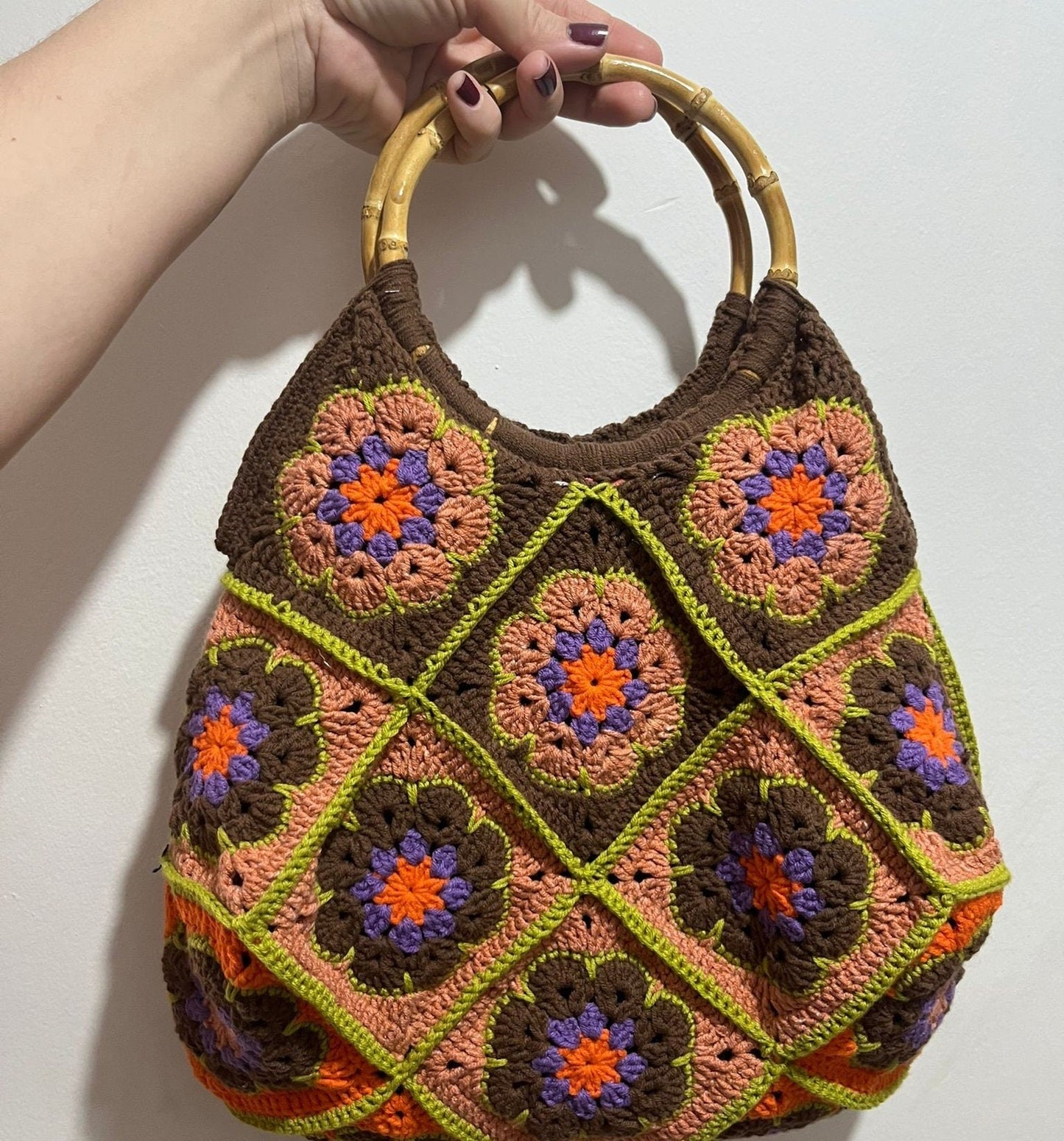 Vintage style granny squares crochet bag wooden frame unique special day present