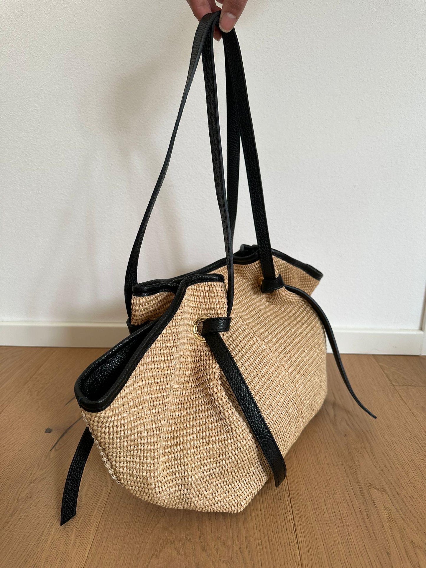 Shoulder tote bag in genuine leather and raffia, Italian tote bag, made in Italy bag, summer raffia straw bag, Italian leder pockets, luxury gift