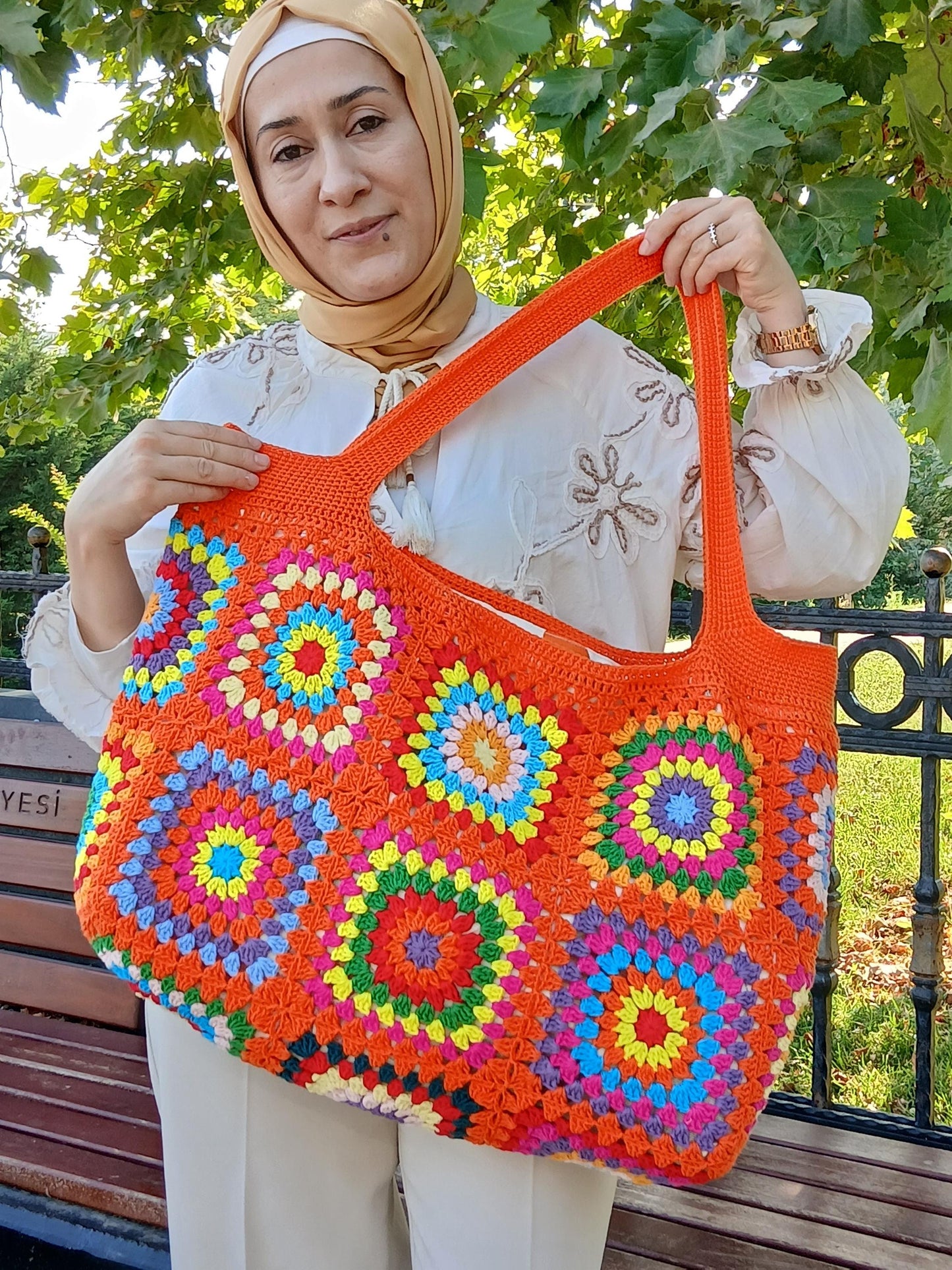Granny Square Tote Bag, Shoulder Bag Purses for Women, Orange Purse and Handbag Crochet