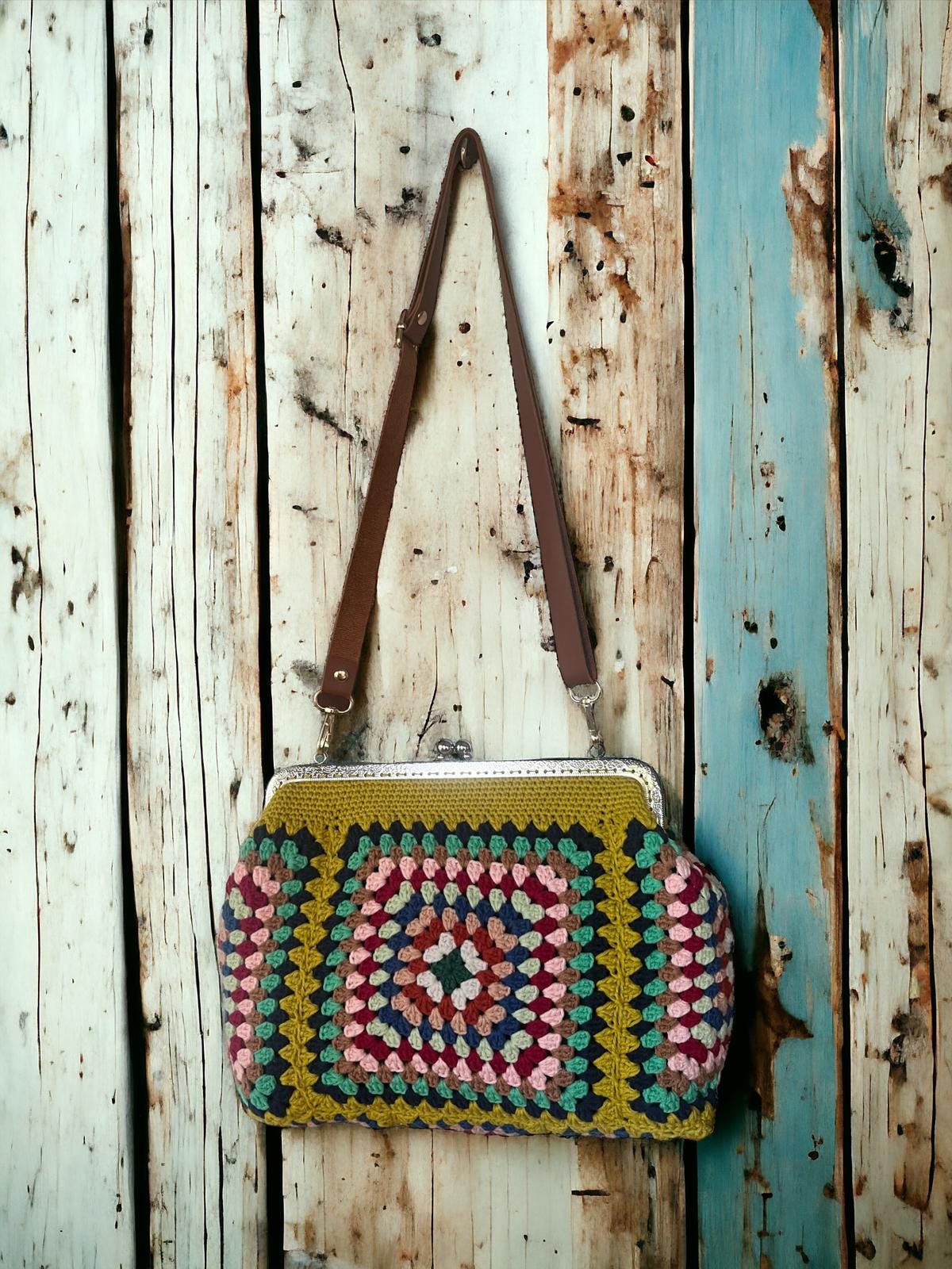 Handmade Granny Square Crochet Clutch: Vintage Style Purse with Adjustable Strap crochet bag