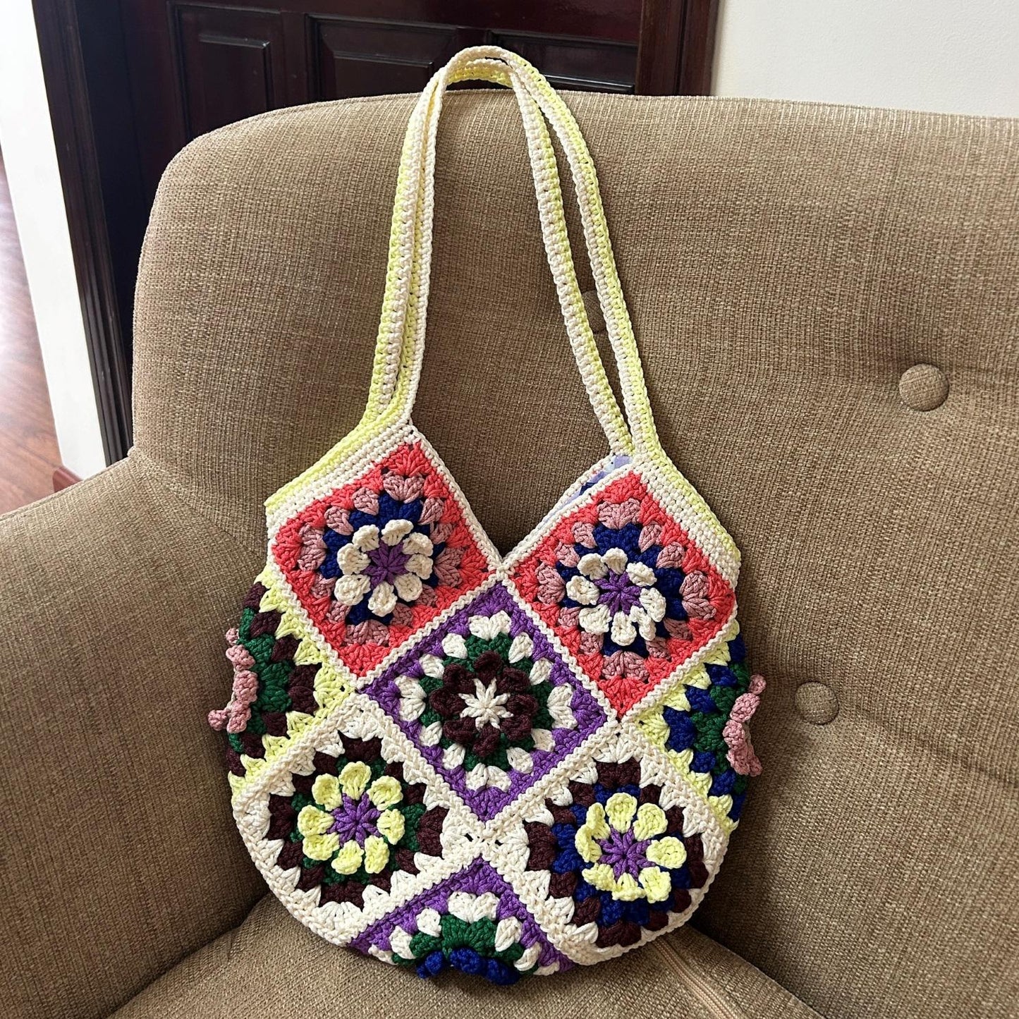 Handmade Crochet Granny Square Tote Bag: Colorful Boho Shoulder Bag