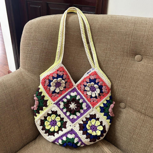 Handmade Crochet Granny Square Tote Bag: Colorful Boho Shoulder Bag