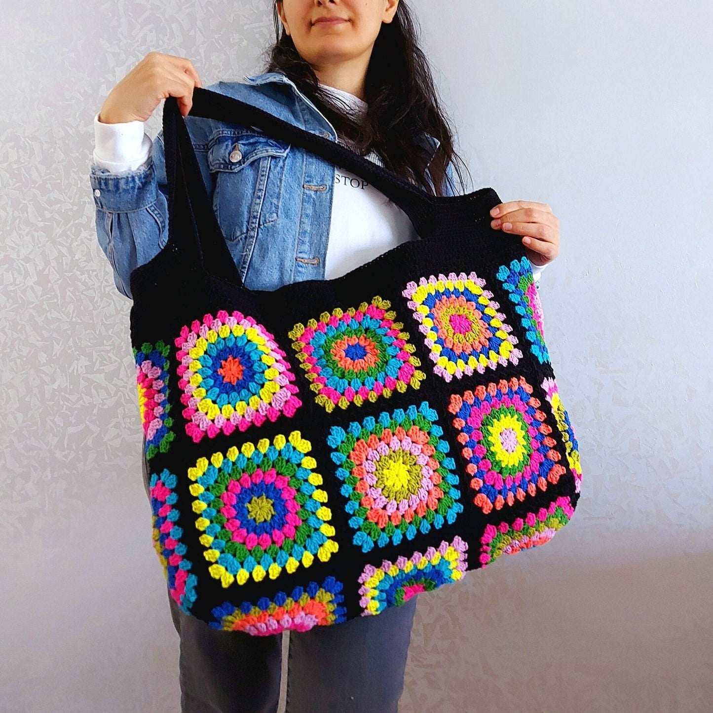 Crochet Granny Square Tote Bag: Colorful Handbags for Women, Custom Beach Bag, Spring Style