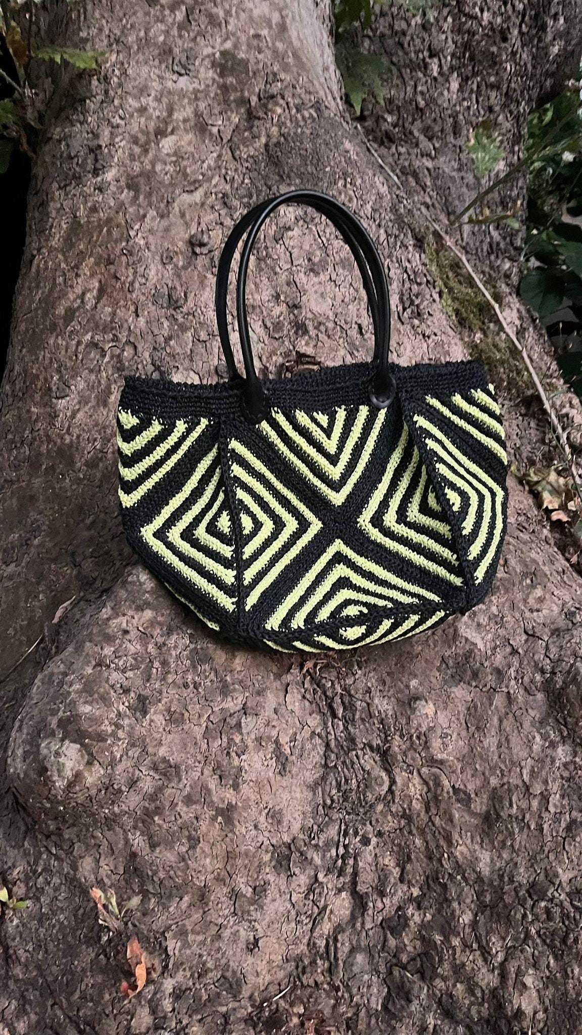 Handmade Black  and Yellow Geometric Crochet Bag â€?Beach &amp; Everyday Tote