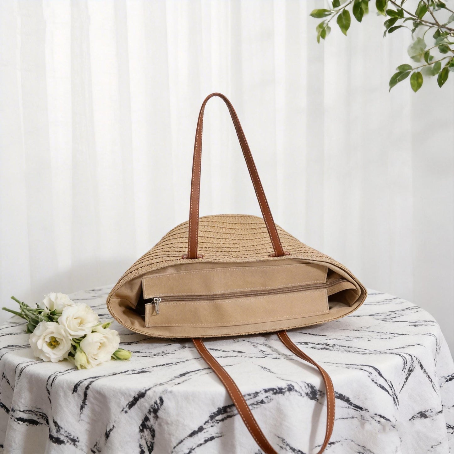 Handmade Straw Bag with Leather Handles | Summer Raffia Tote Hand Bag | Beach Vacation Purse
