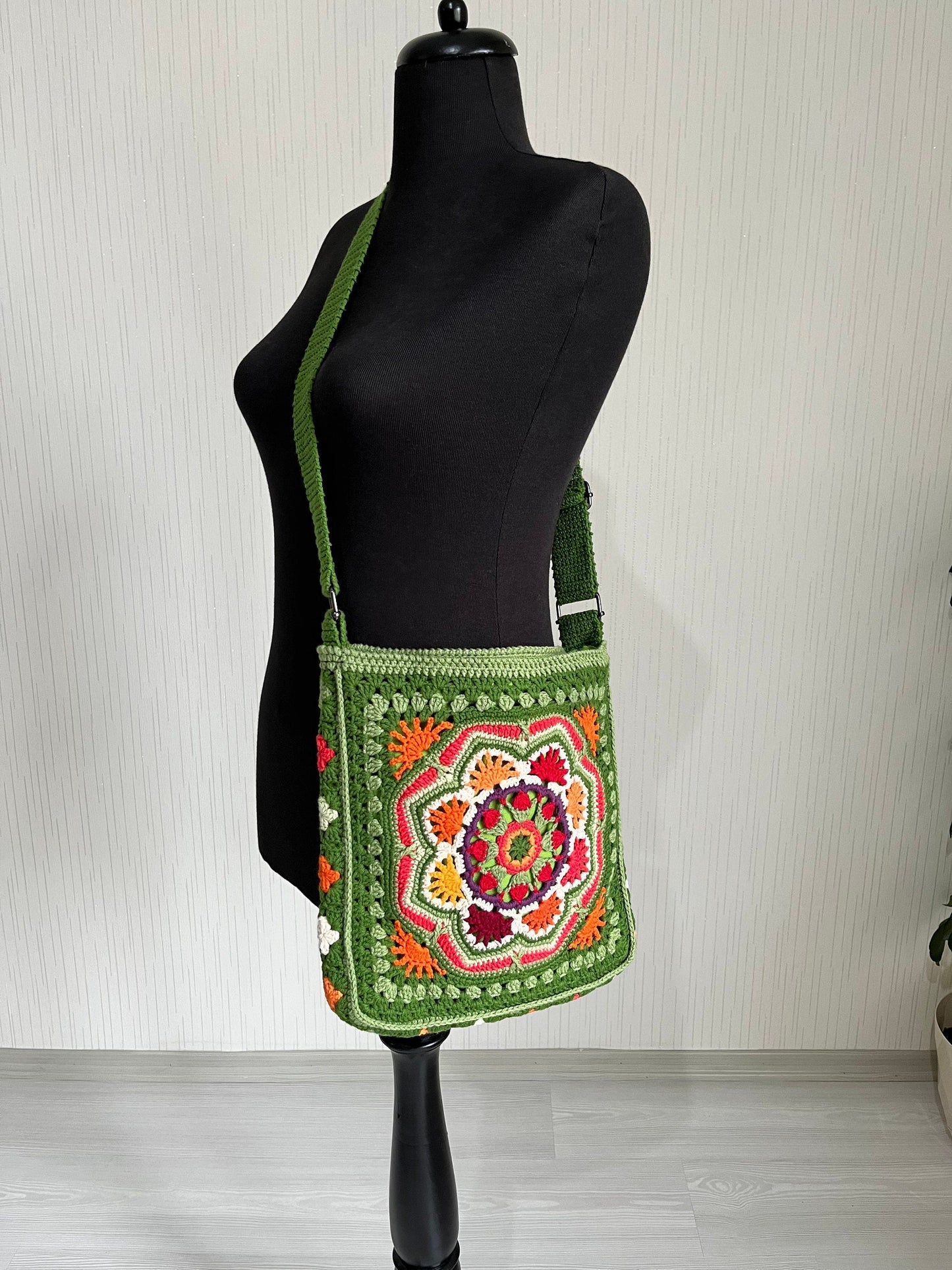 Handmade Crochet Crossbody Bag: Boho Green Cotton Shoulder Bag, Black Friday Gift