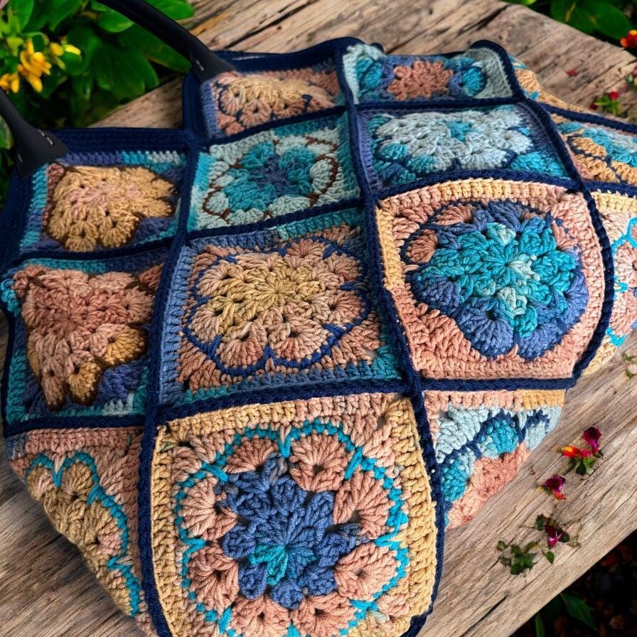Handmade Crochet Bag: Colorful Granny Square Tote with Leather Handles