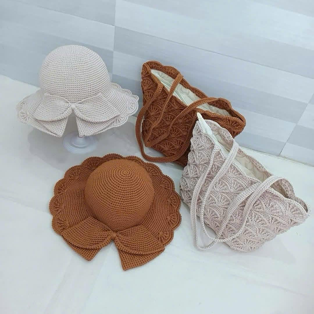 Crochet Summer Hat and Bag Set, Handmade Fan Petal Design, seashell design crochet bag, mother's day gift, easter gift, matching outfit