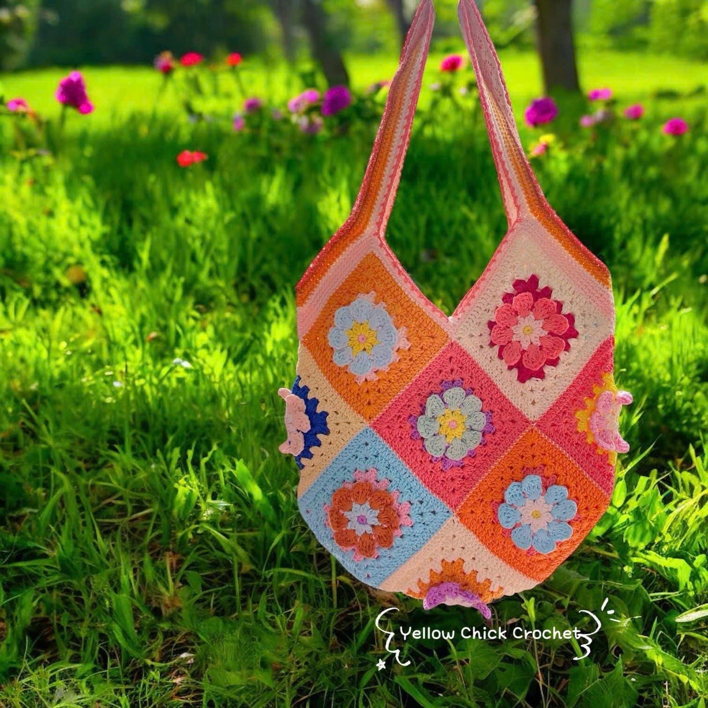 Flower Tote bag, Floral bag, Crochet Granny square bag, handmade shoulder bag, pink flower summer beach bag, mother's day gift, easter gift