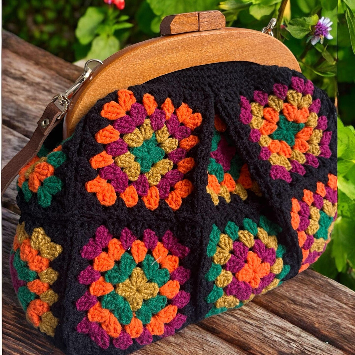 Handmade Crochet Granny Square Bag: Colorful Bohemian Purse with Wooden Clasp