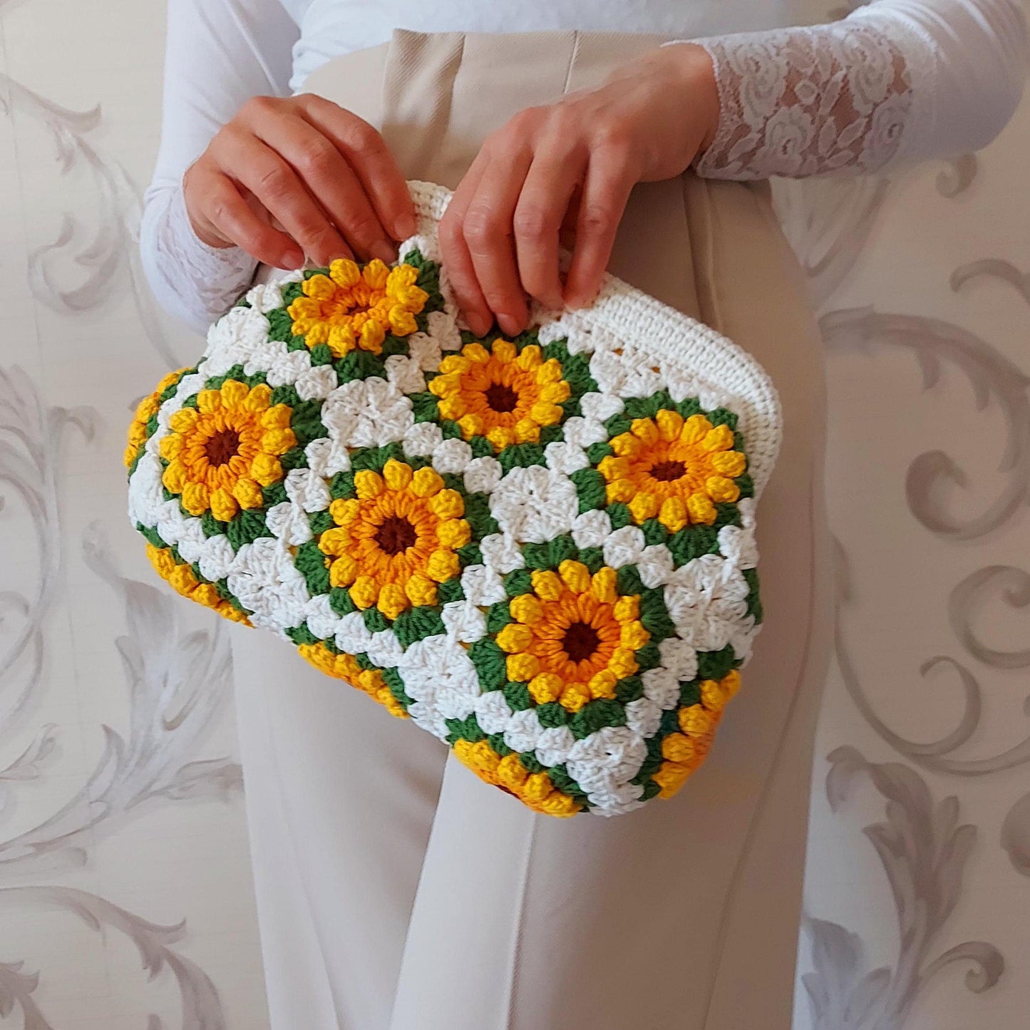Handmade Sunflower Crochet Clutch Bag: Granny Square Purse, Gift for- her, Galentine's Day Gifts Bag