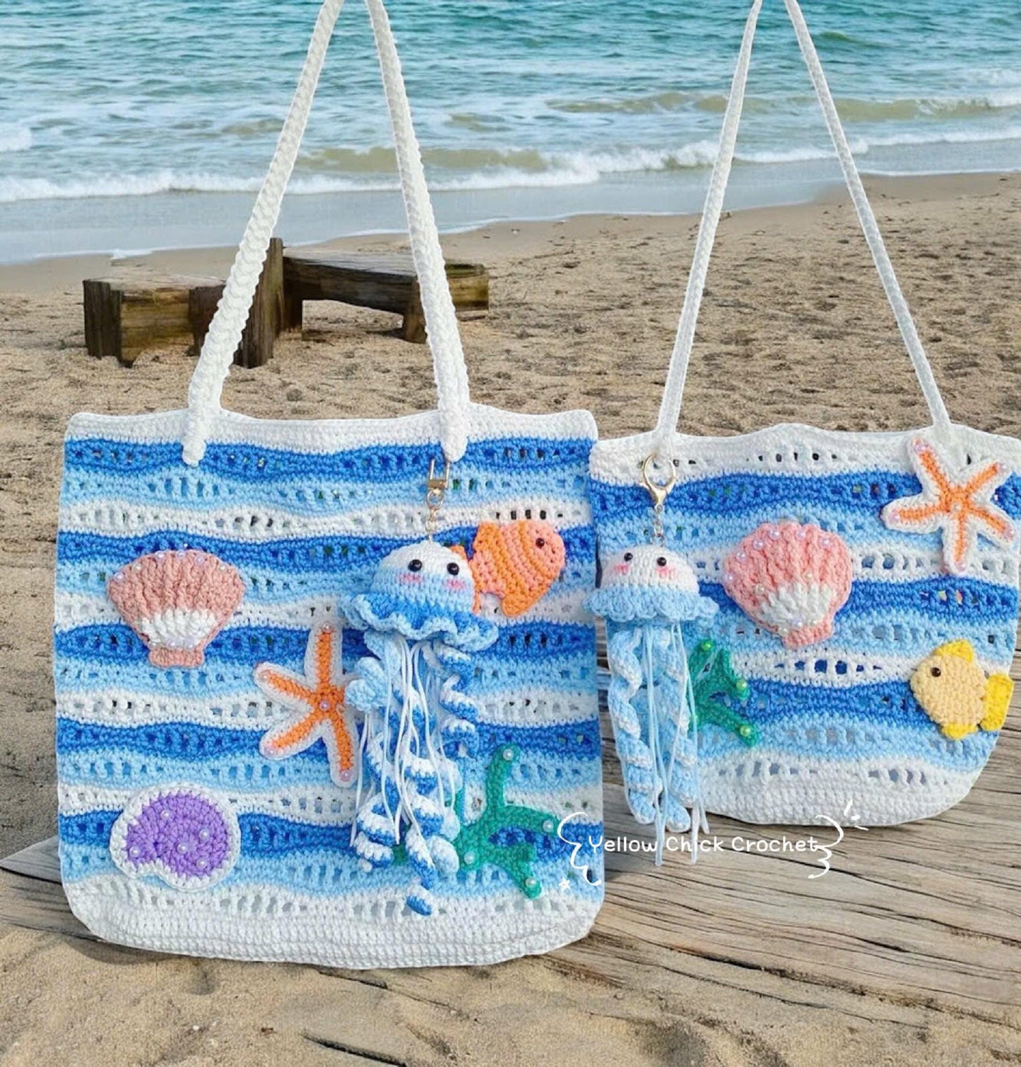 Crochet shoulder bag, Jellyfish &amp; Starfish bag, Net bag, Summer Beach Ocean bag,Mesh bag,travel bag,gift for her,sea lovers, Valentine Gift