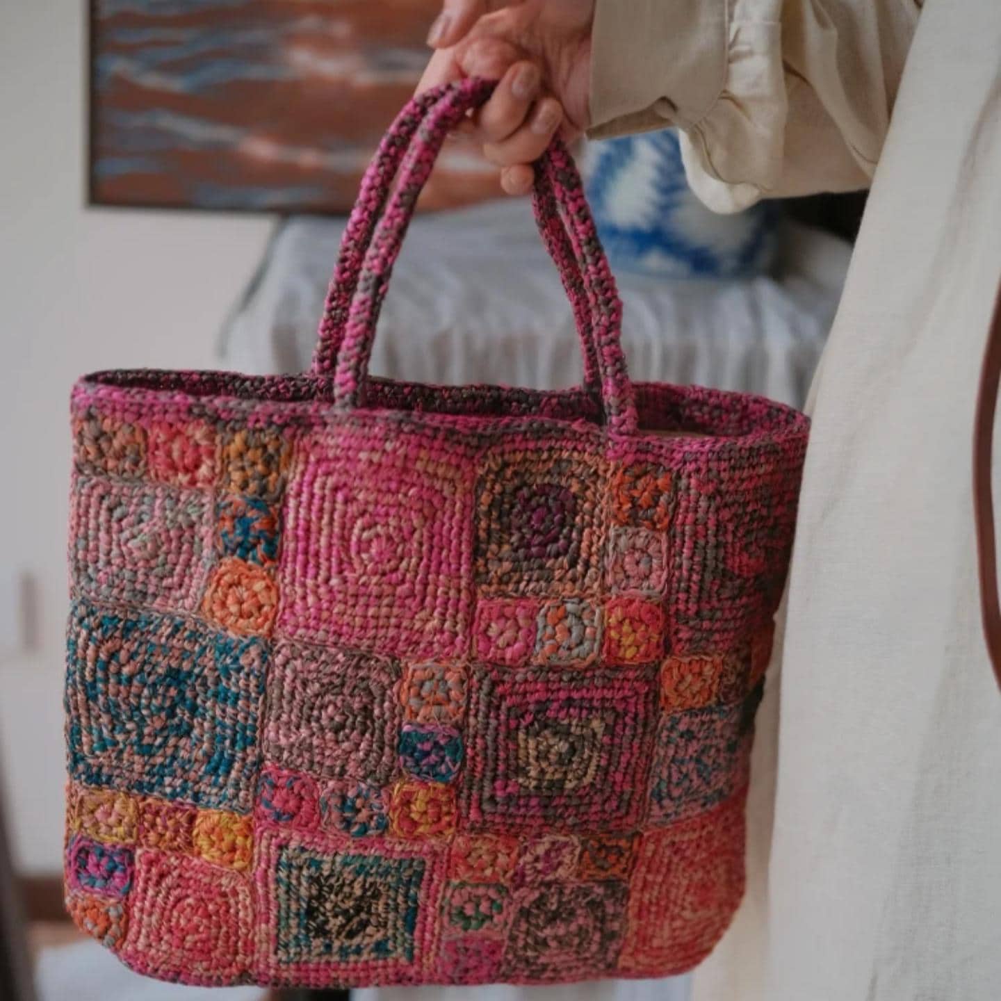 Handmade Boho Chic Raffia Handbag, Colorful Crochet Tote Bag, Woven Beach Bag with Magnetic Snap, Perfect for Vacation, Gift for Her