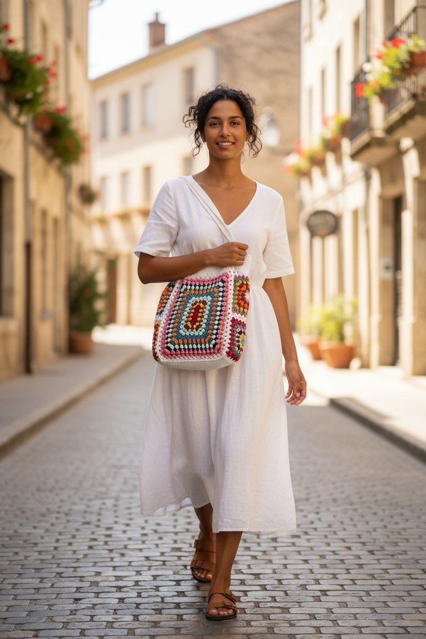 Crochet Granny Square Tote Bag: Colorful Boho Beach Bag
