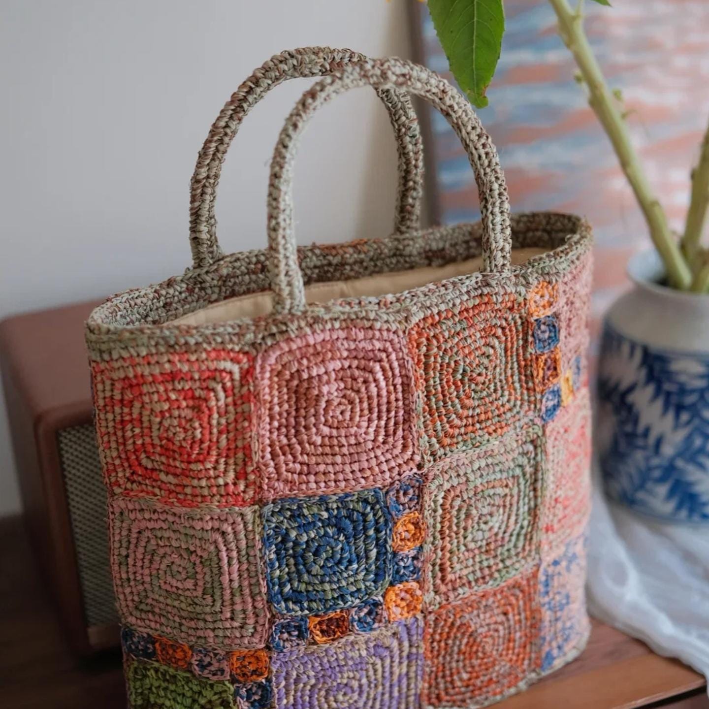 Artisan Raffia Patchwork Tote, Handcrafted Crochet Beach Bag, Sturdy Woven Purse with Cotton Lining, Unique Gift for Her, Gift for her