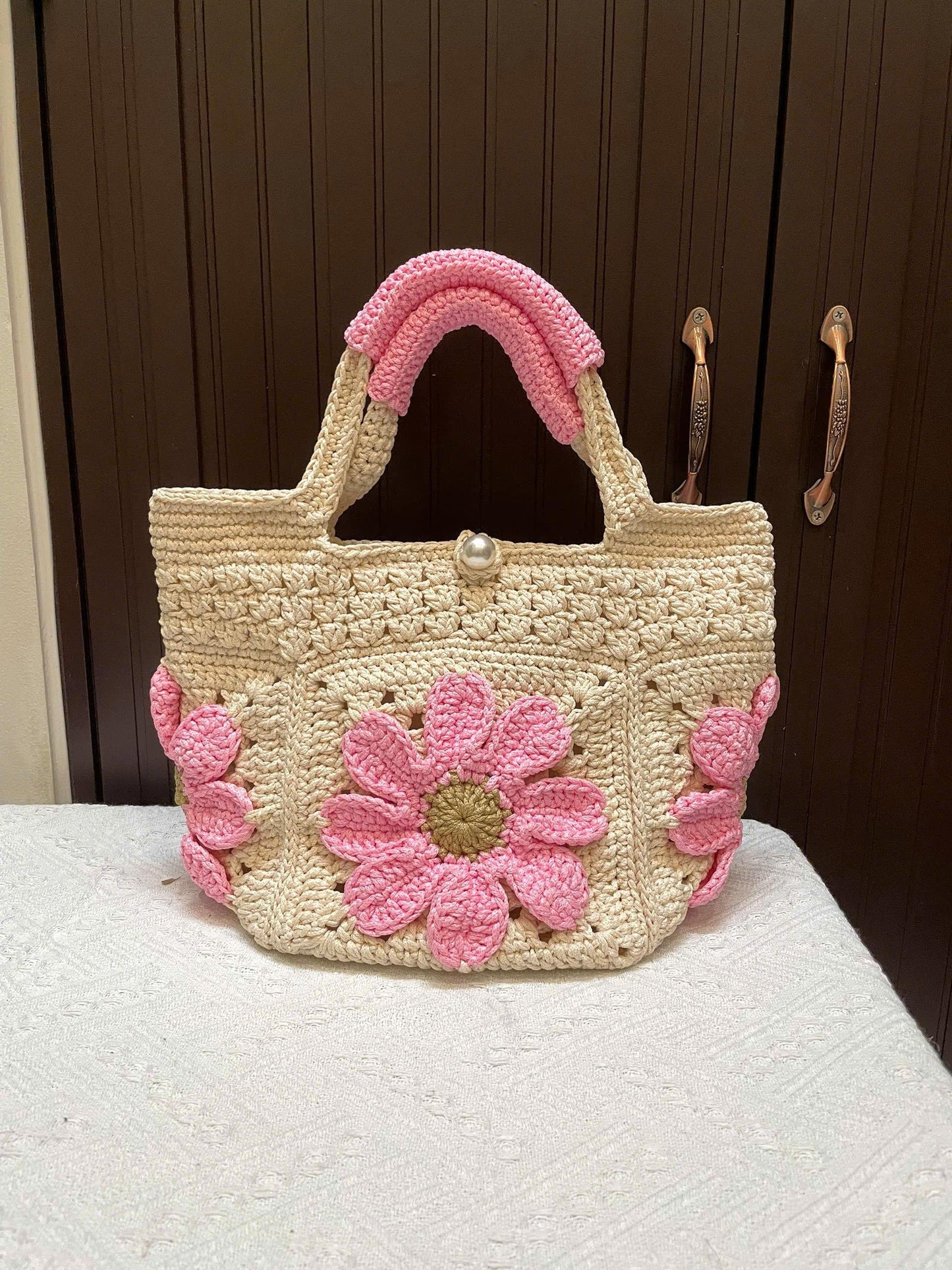 Tote bag, Crochet Granny square bag, handmade handle bag, pink flower summer beach bag, birthday gift, gift for her, Valentine Gifts