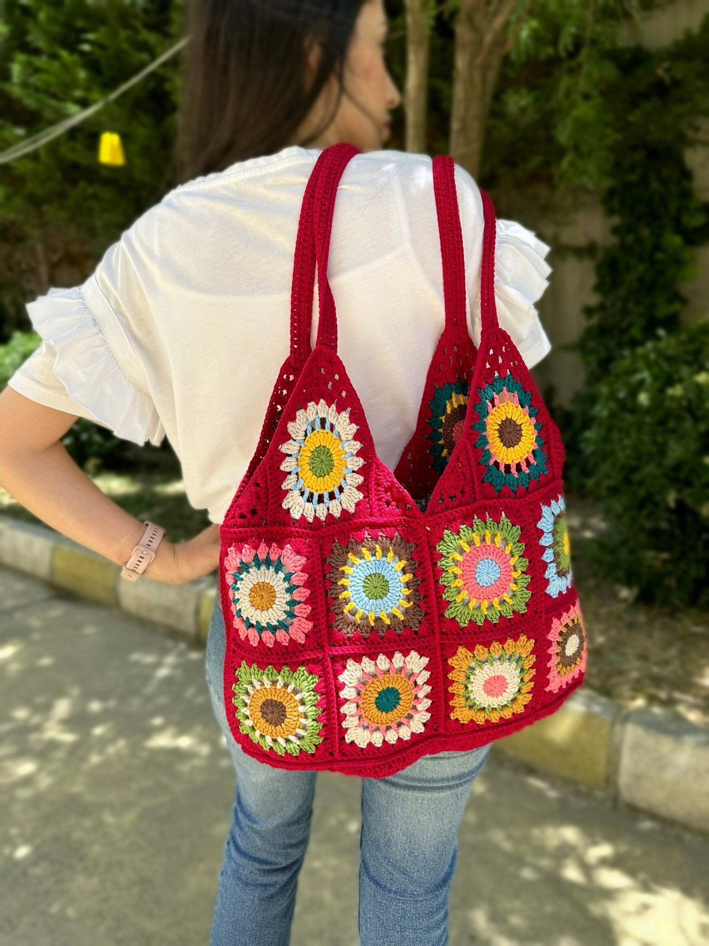 Crochet Granny Square Tote Bag: Red Boho Shoulder Bag, Handmade Hobo Bag