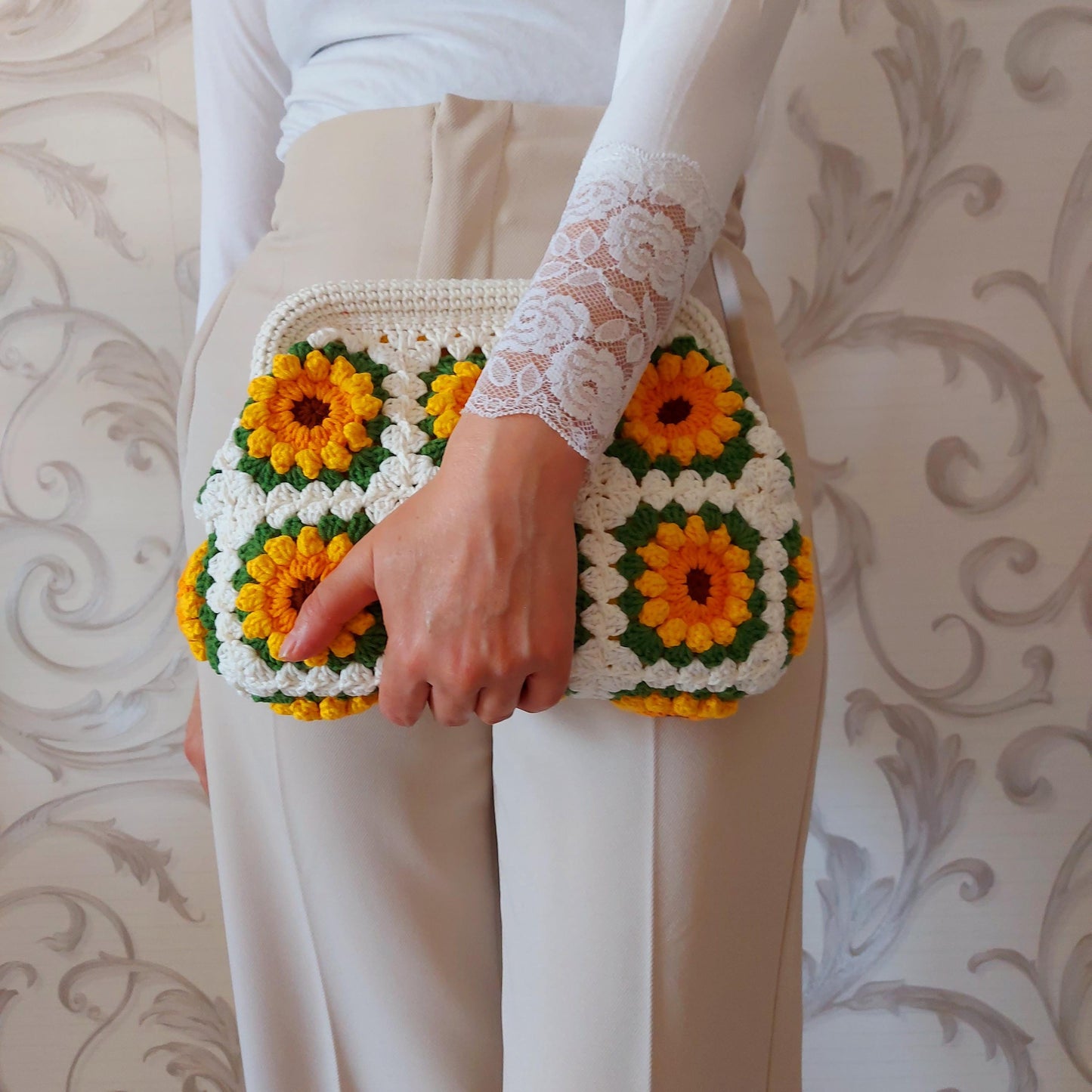 Handmade Crochet Granny Square Bag: 3D Rose Kisslock Clutch, Valentine Tote Bag