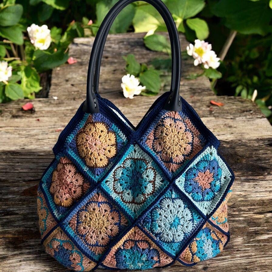 Handmade Crochet Bag: Colorful Granny Square Tote with Leather Handles