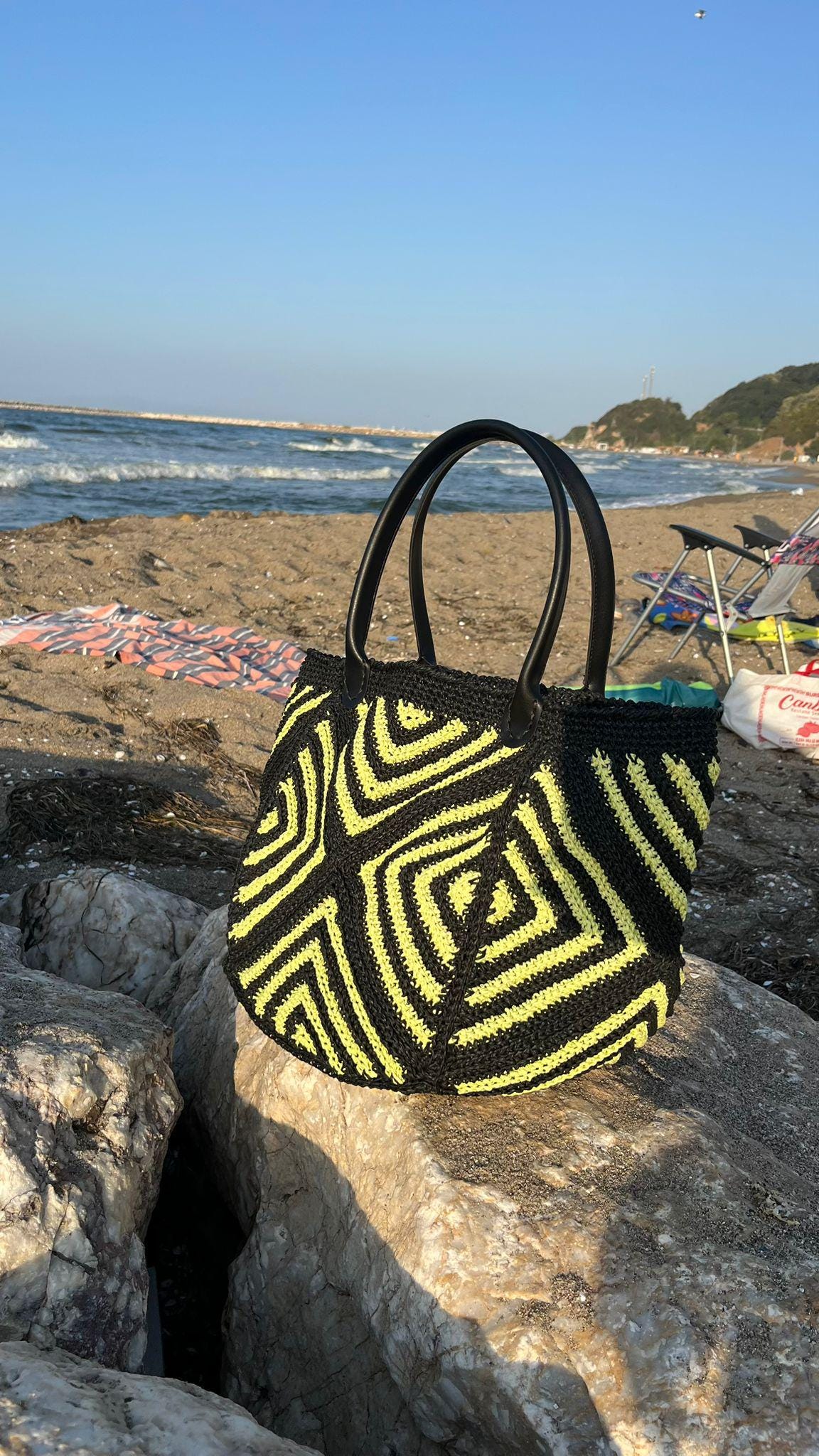 Handmade Black  and Yellow Geometric Crochet Bag â€?Beach &amp; Everyday Tote
