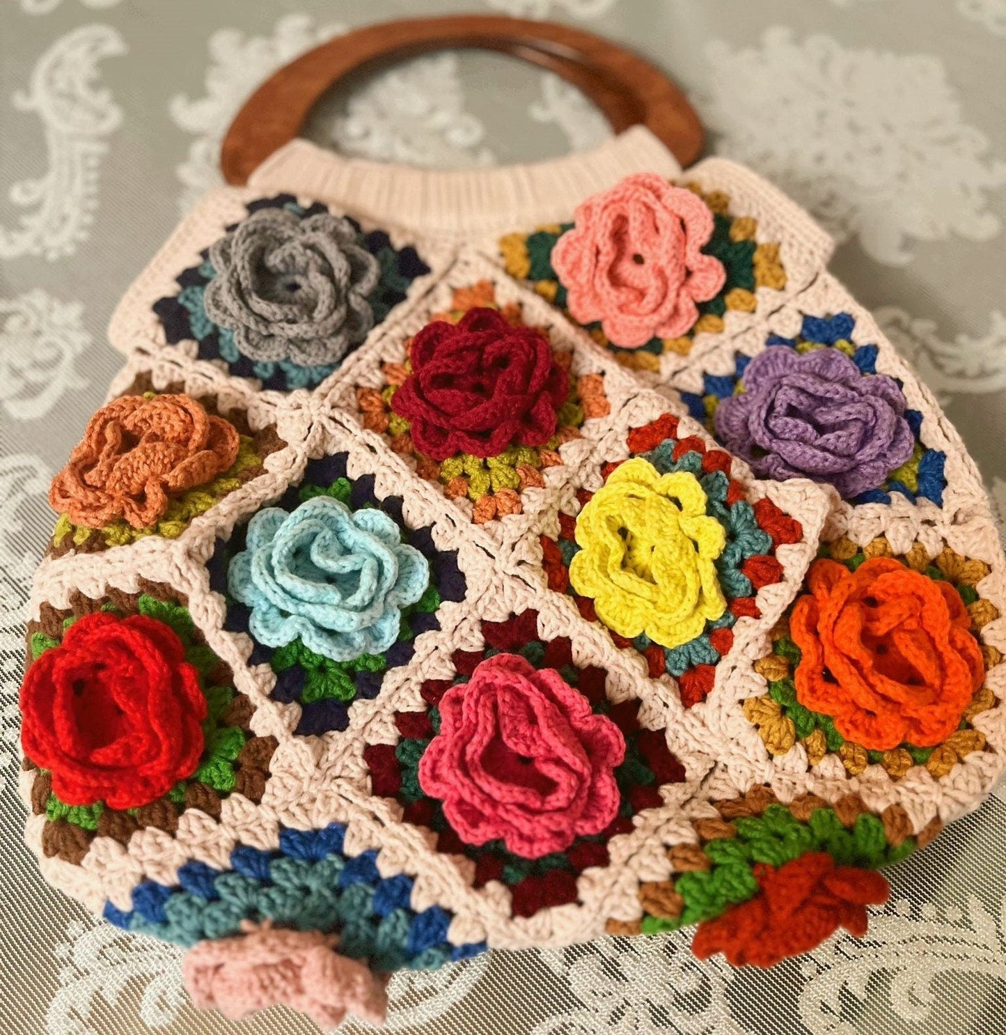Vintage style rose granny squares crochet bag wooden frame unique special day present