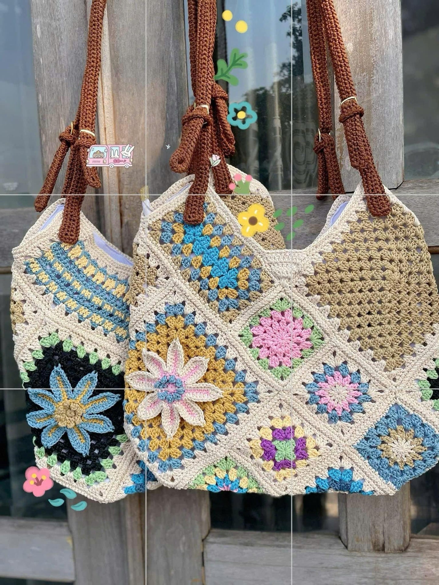 Handmade Crochet Patchwork Tote Bag, Warm Autumn Colors, Lined - Zippered, Mother's Day Gift, Floral Square Bag, Easter Gift