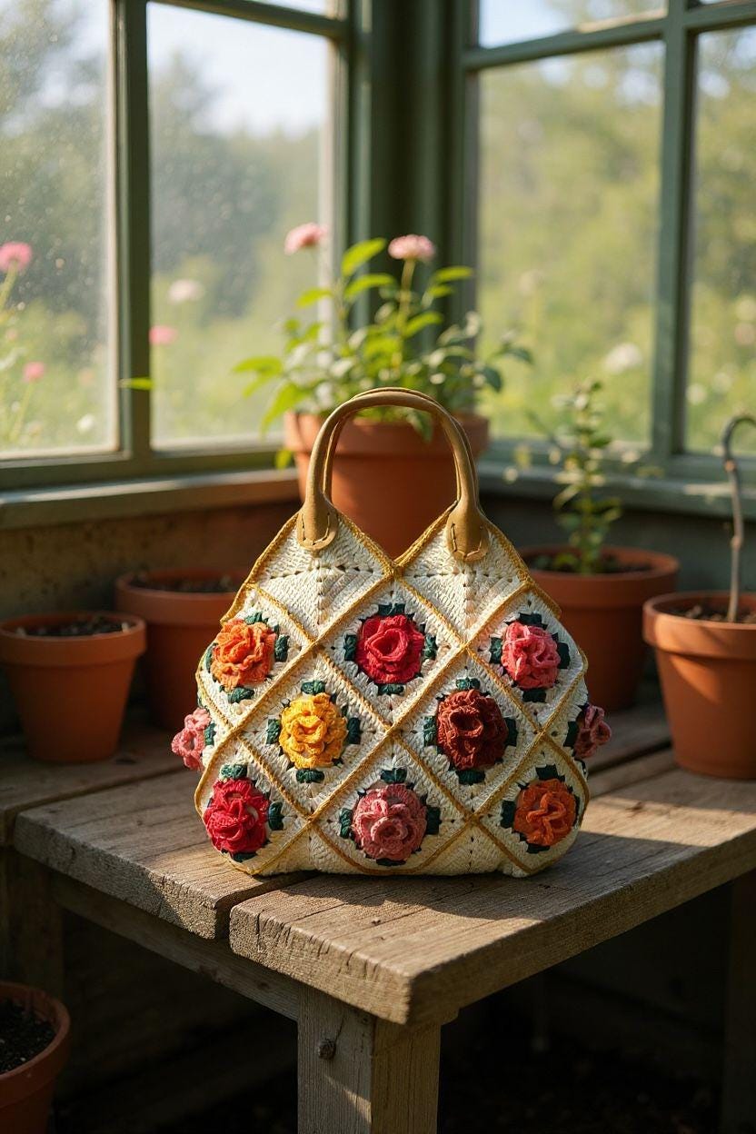 Handmade Crochet 3D Rose Tote Bag, Granny Square Purse, Boho Floral Handbag