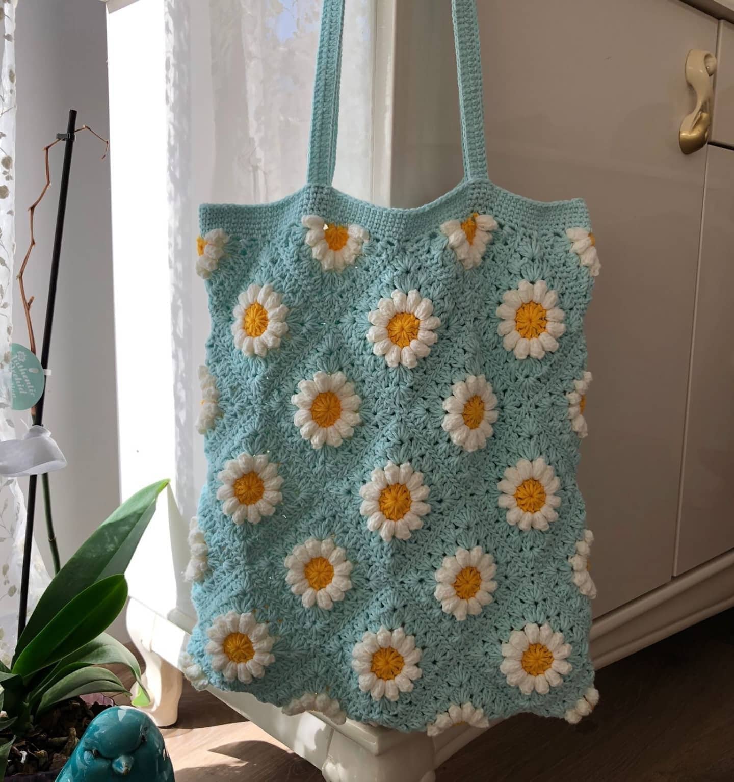 Blue Crochet Granny Square Bag: Handmade Cotton Summer Tote, Personalized Beach Bag